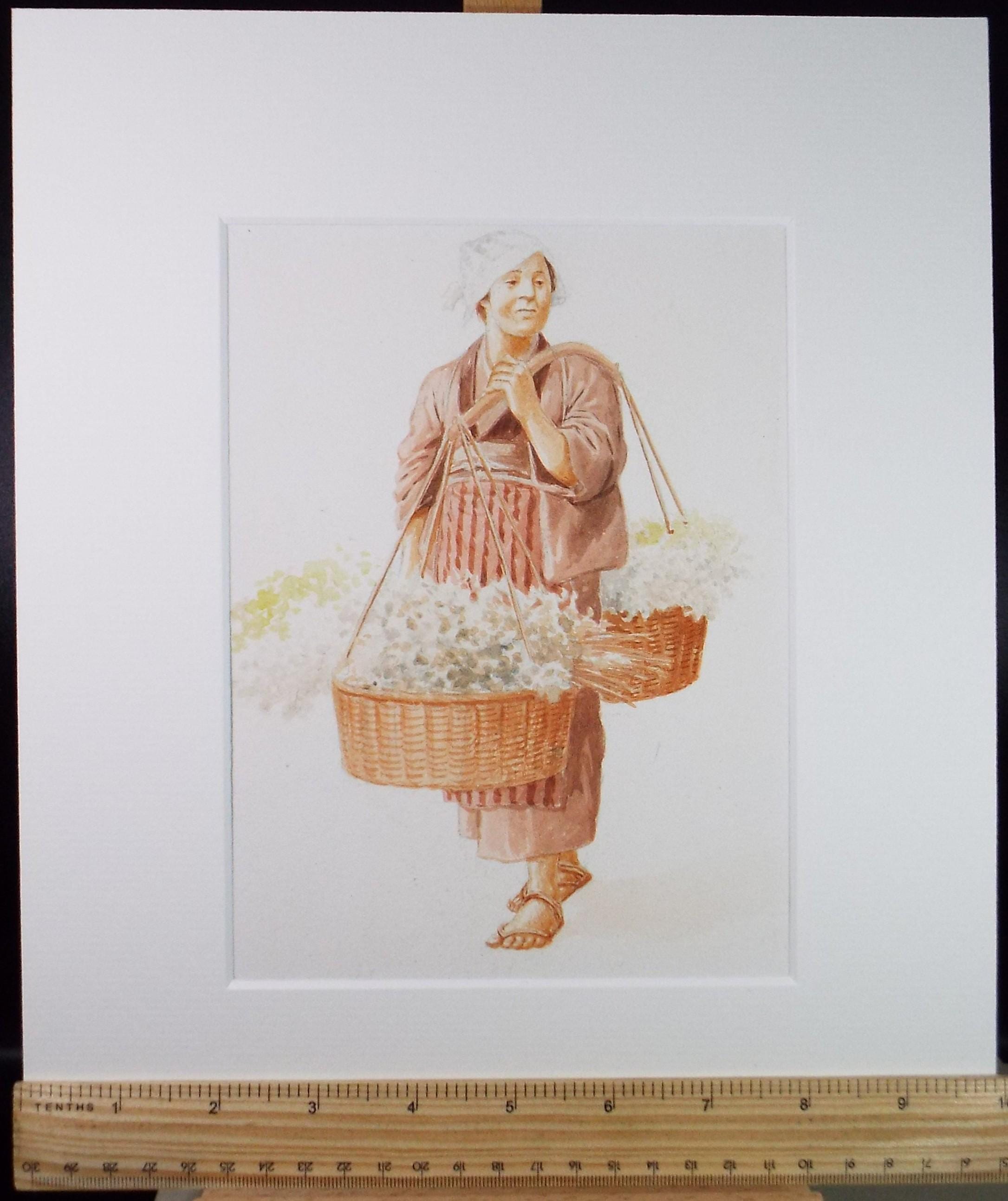 Original Watercolour, 'Japanese figure with baskets', c1960's, Unknown Artist