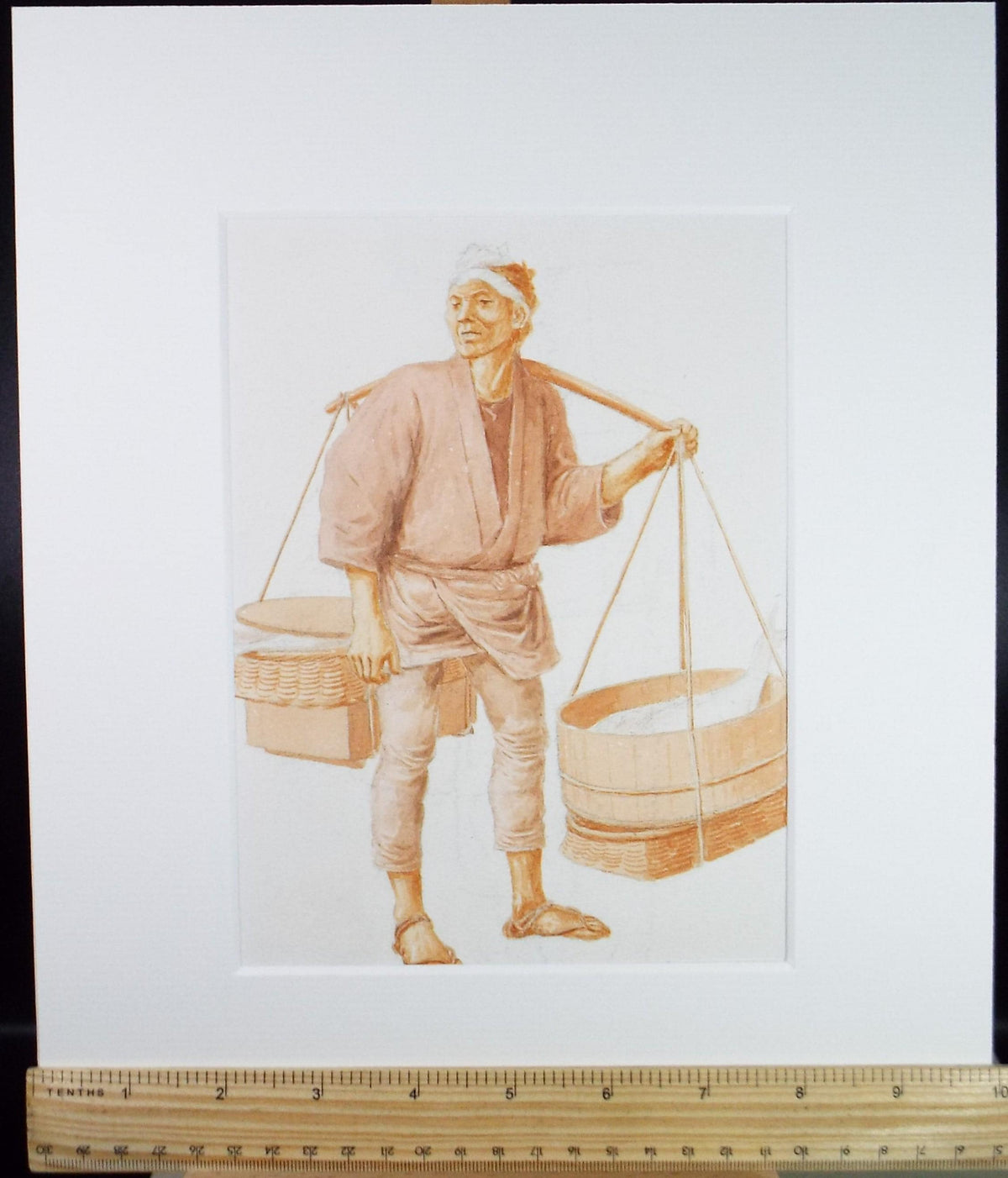 Original Watercolour, 'Japanese figure with a baskets', c1960's, Unknown Artist
