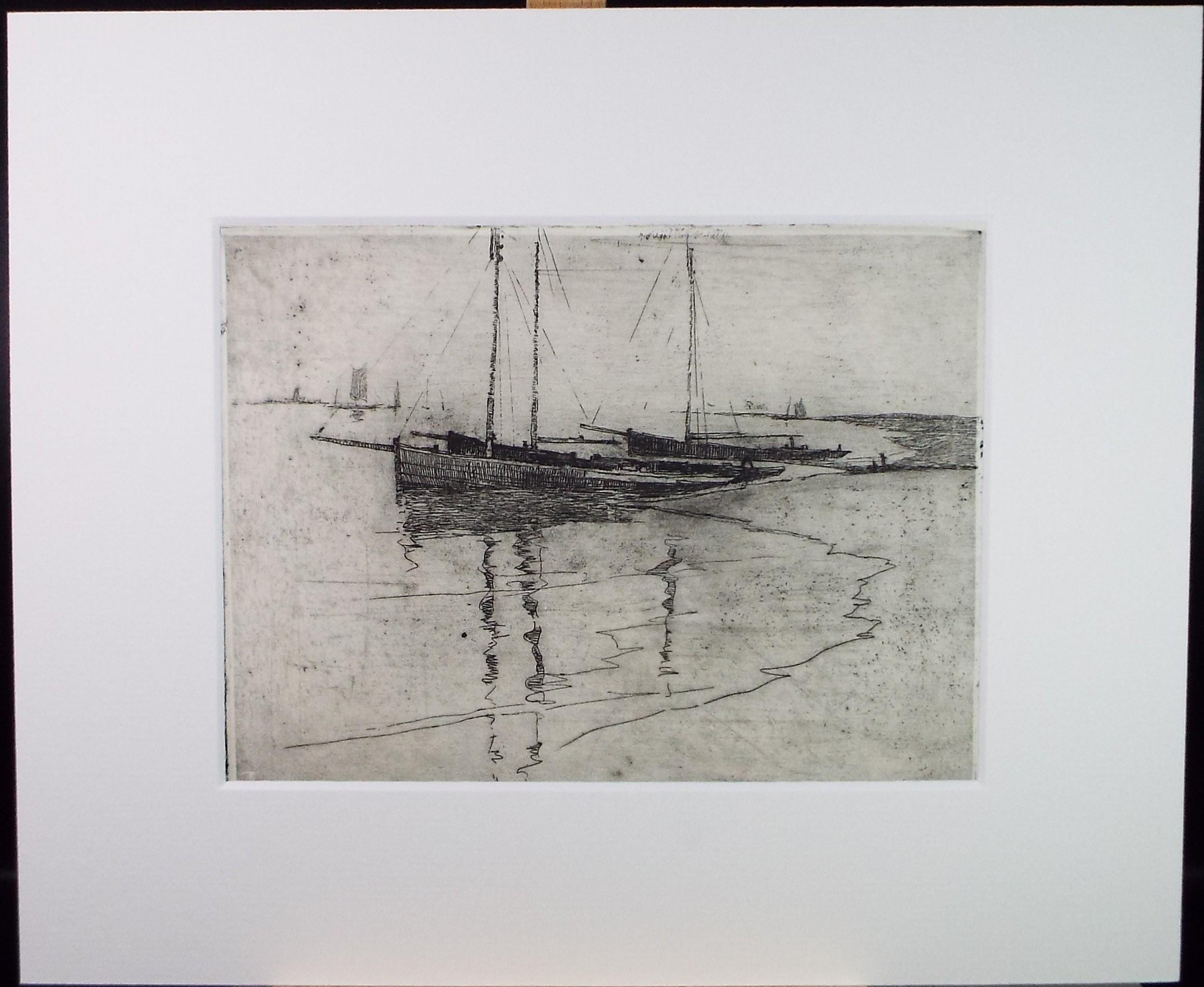 Hand Pressed Etching, 'Boats on the shore', Lawrence Walker (1877-1967), Circa 1920's