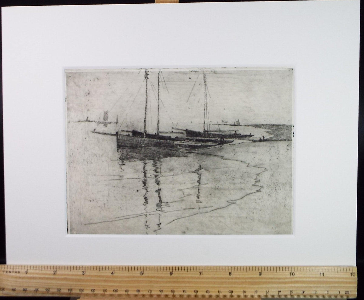 Hand Pressed Etching, 'Boats on the shore', Lawrence Walker (1877-1967), Circa 1920's