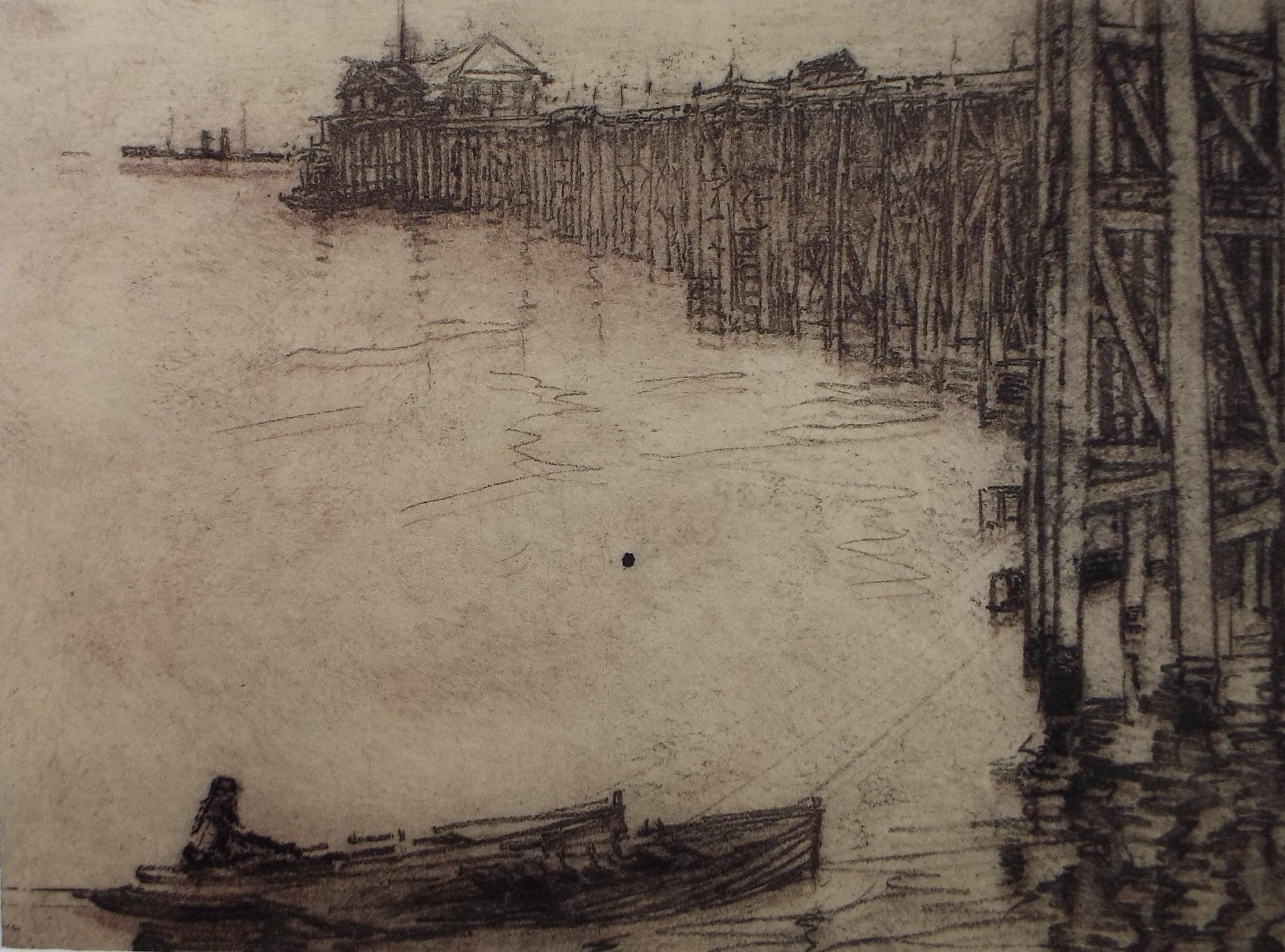 Hand Pressed Etching, 'Pier with Moored boat', Lawrence Walker (1877-1967), Circa 1920's