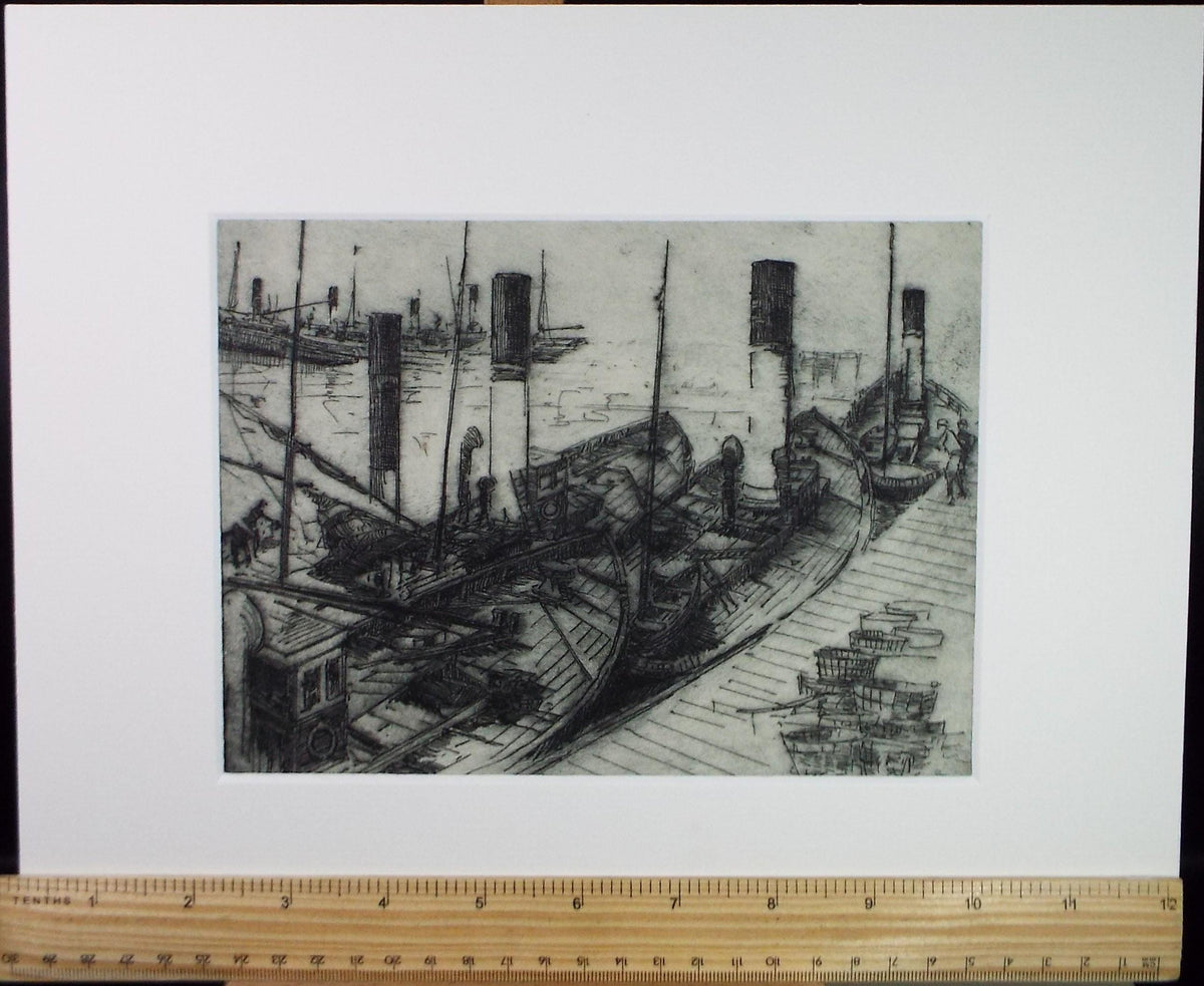 Hand Pressed Etching, 'Fishing Boats', Lawrence Walker (1877-1967), Circa 1920's