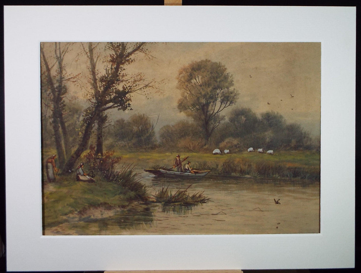 Watercolour Painting: 'Punting on the River', Late 19th Century, Unknown artist
