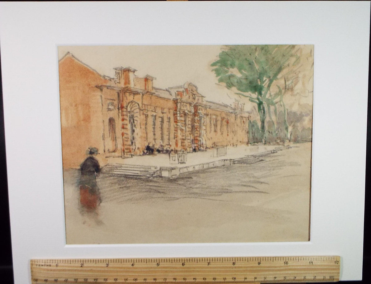 Original Watercolour & Pencil, 'Figure before a grand building', Circa 1920's, Lawrence Walker (1877-1967)
