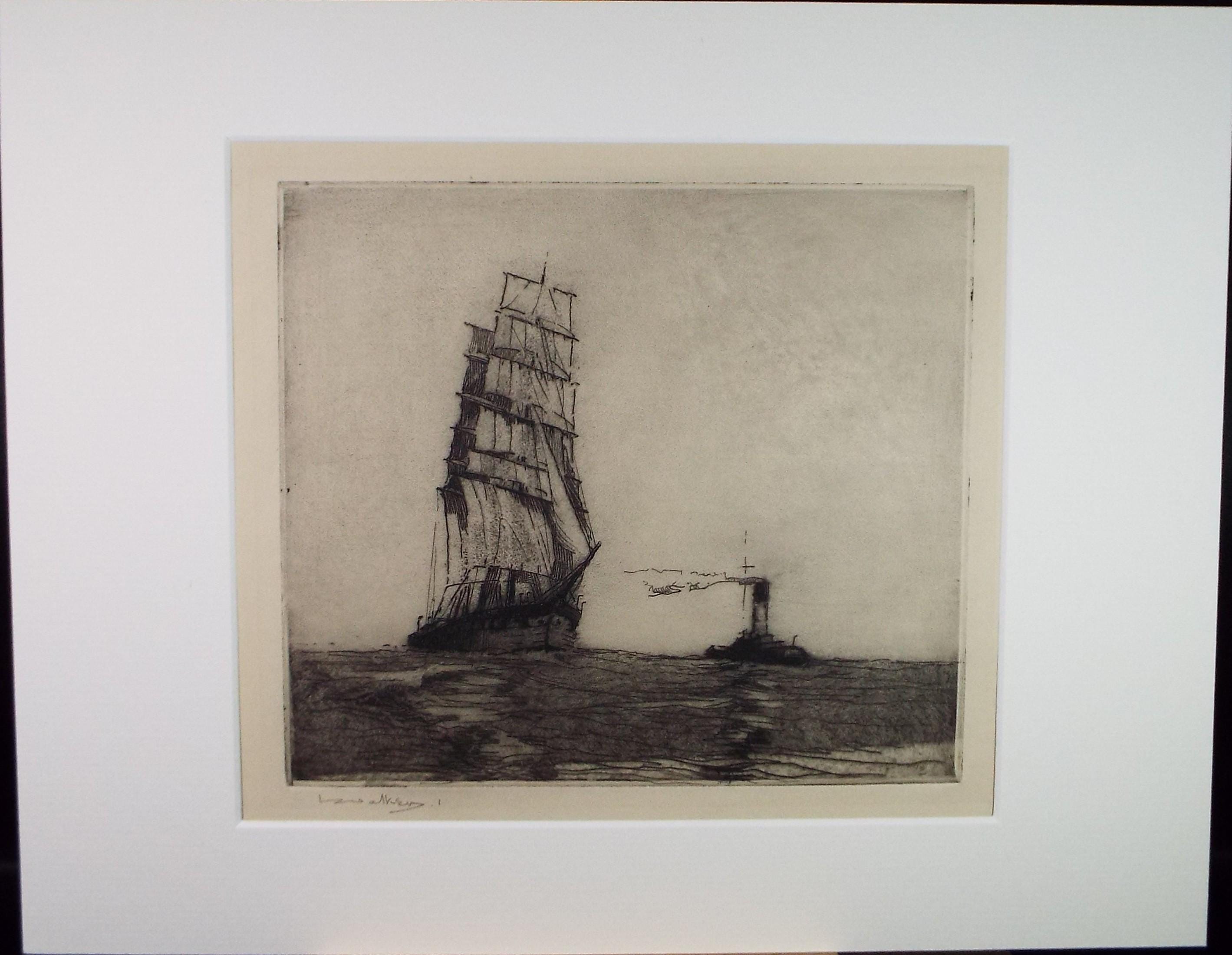 Hand Pressed Etching, 'Tall Ship with tug boat', Lawrence Walker (1877-1967), Circa 1920's, signed