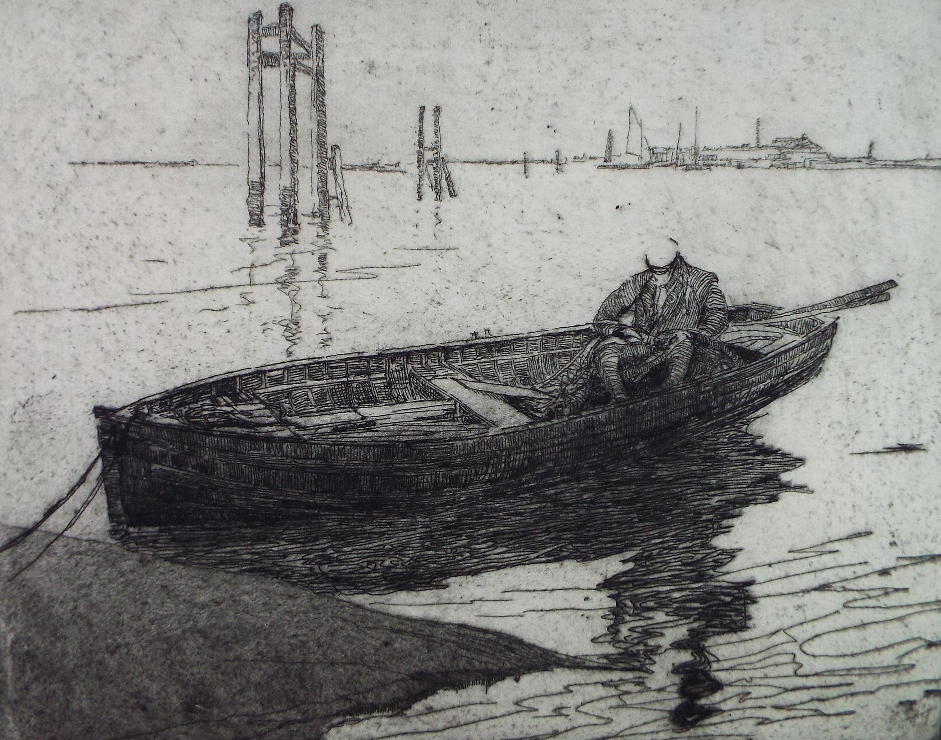 Hand Pressed Etching, 'Figure in a boat', Lawrence Walker (1877-1967), Circa 1920's