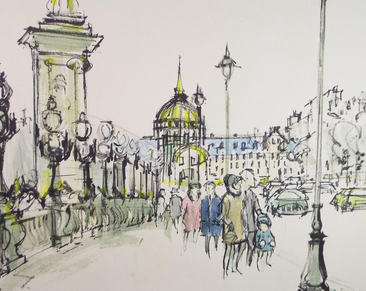 Watercolour & Ink drawing, 'Figures on a Bridge' Unknown Artist, circa 1980's