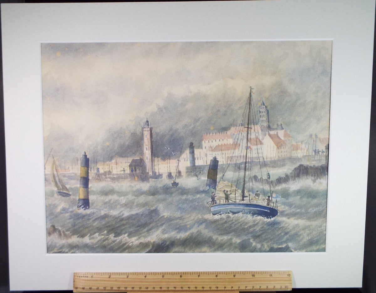 Original Watercolour, 'Approaching Roscoff in stormy seas', Circa 1970's Artist Unknown