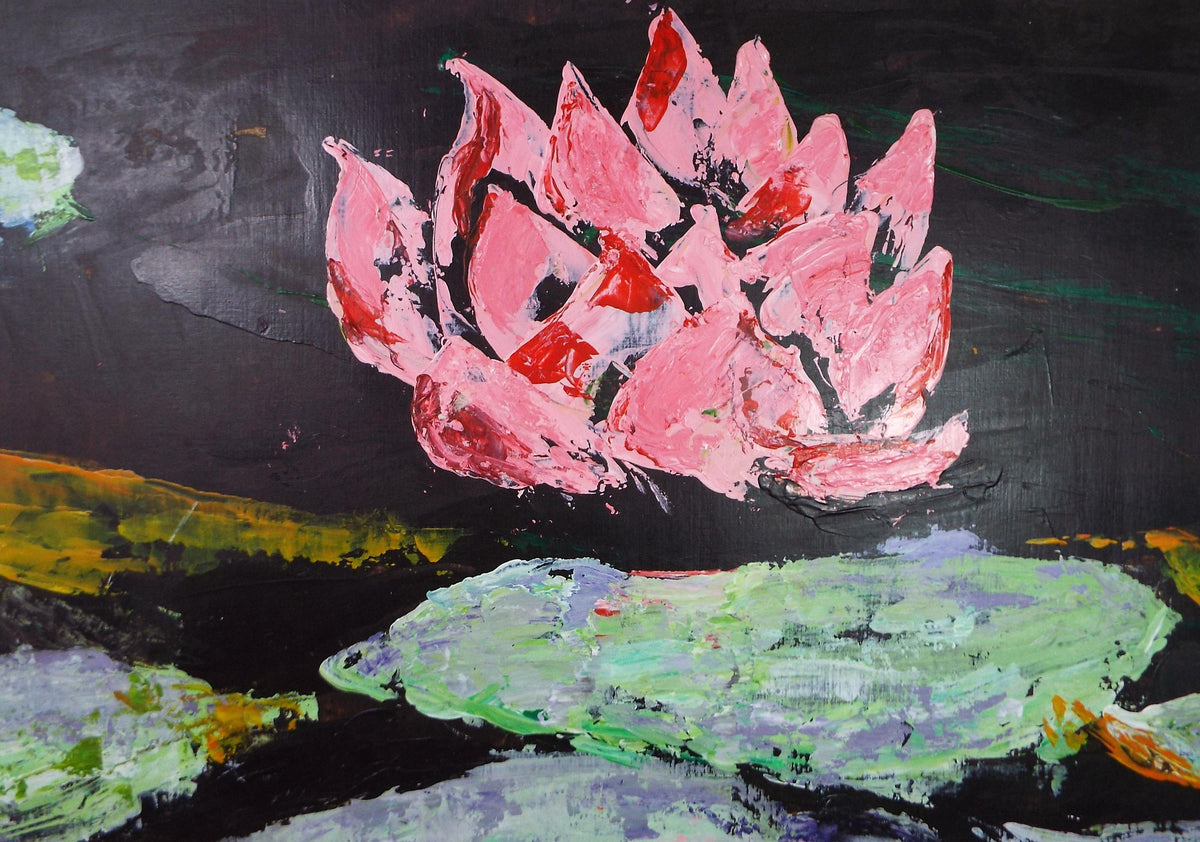 Original Acrylic on Paper 'Water lily', unknown Artist, Circa 1980's