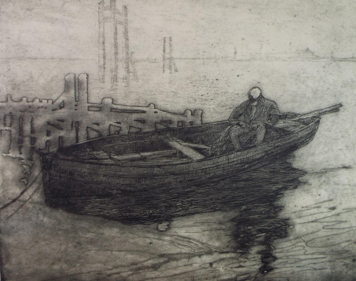 Hand Pressed Etching, 'Figure in a boat', Lawrence Walker (1877-1967), Circa 1920's
