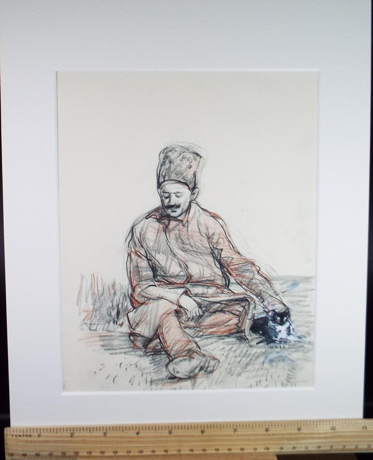 John Gilbey Bowles Pencil Drawing, Figure with Cat, 1990s Art Print (Mounted)