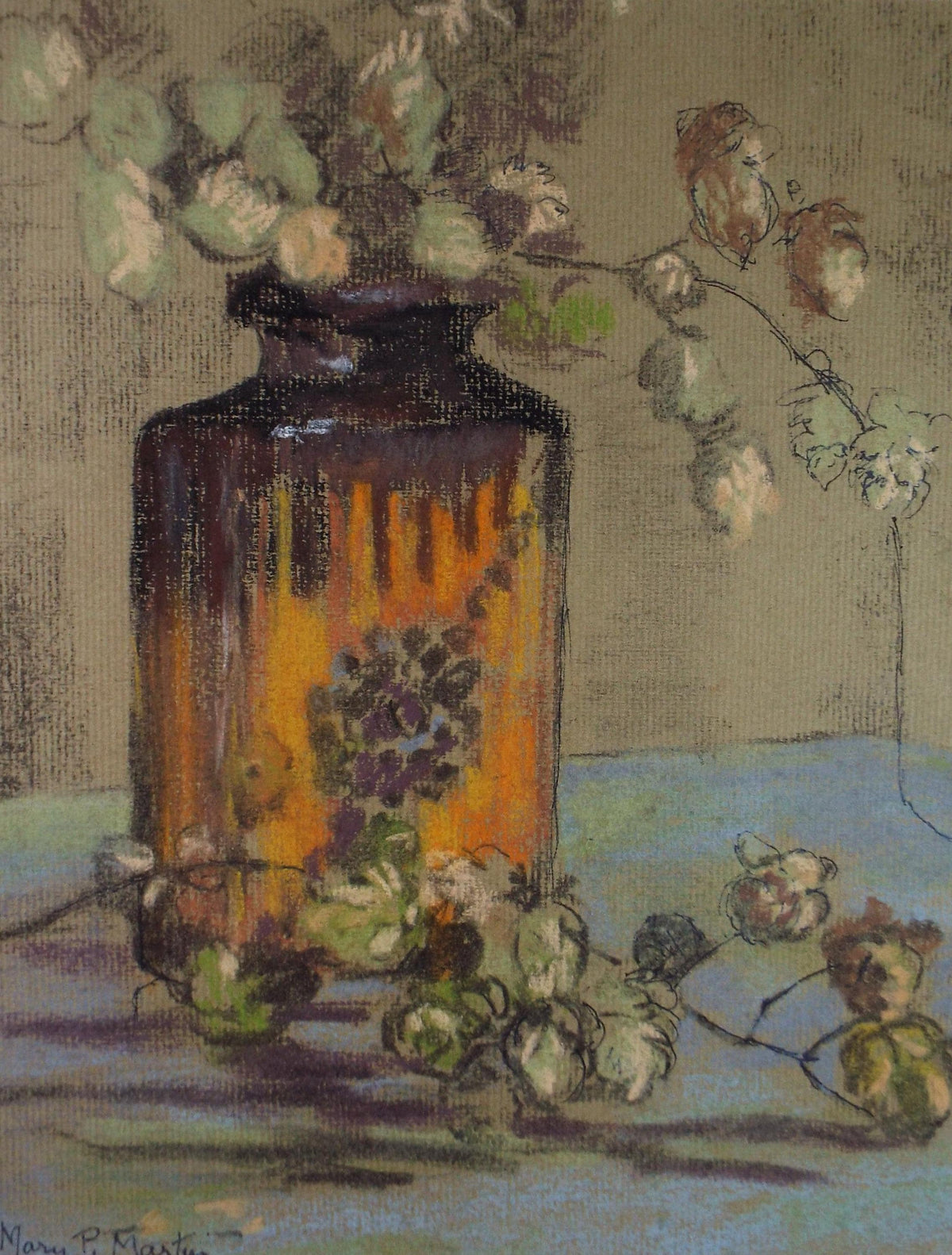 Original pastel Drawing 'Vase with Hops', Mary P Martin, Circa 1970's