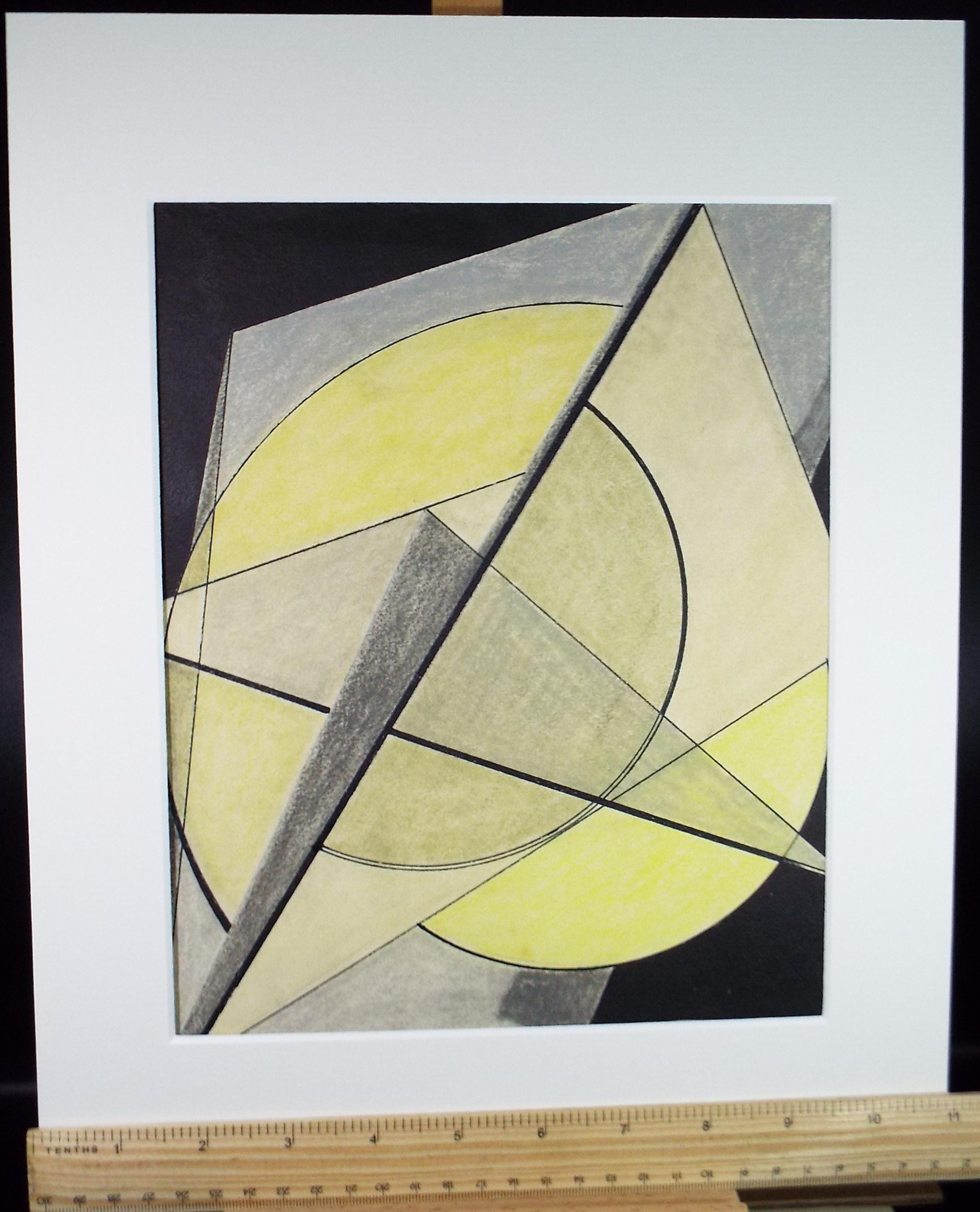 Original Coloured Pencil on Paper, 'Abstract forms in Yellow', Artist Unknown, Circa 1950's