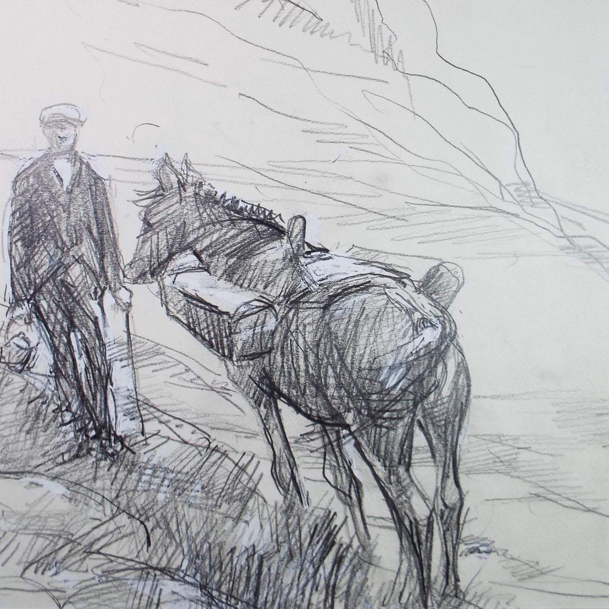 Original Pencil drawing heightened with white 'Figure with pack horse' circa 1990's, John Gilbey Bowles (1929-2011)