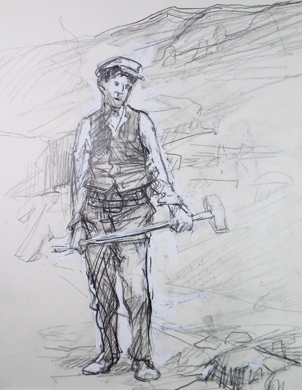 Original Pencil drawing heightened with white 'Granite Quarry Worker' circa 1990's, John Gilbey Bowles (1929-2011)