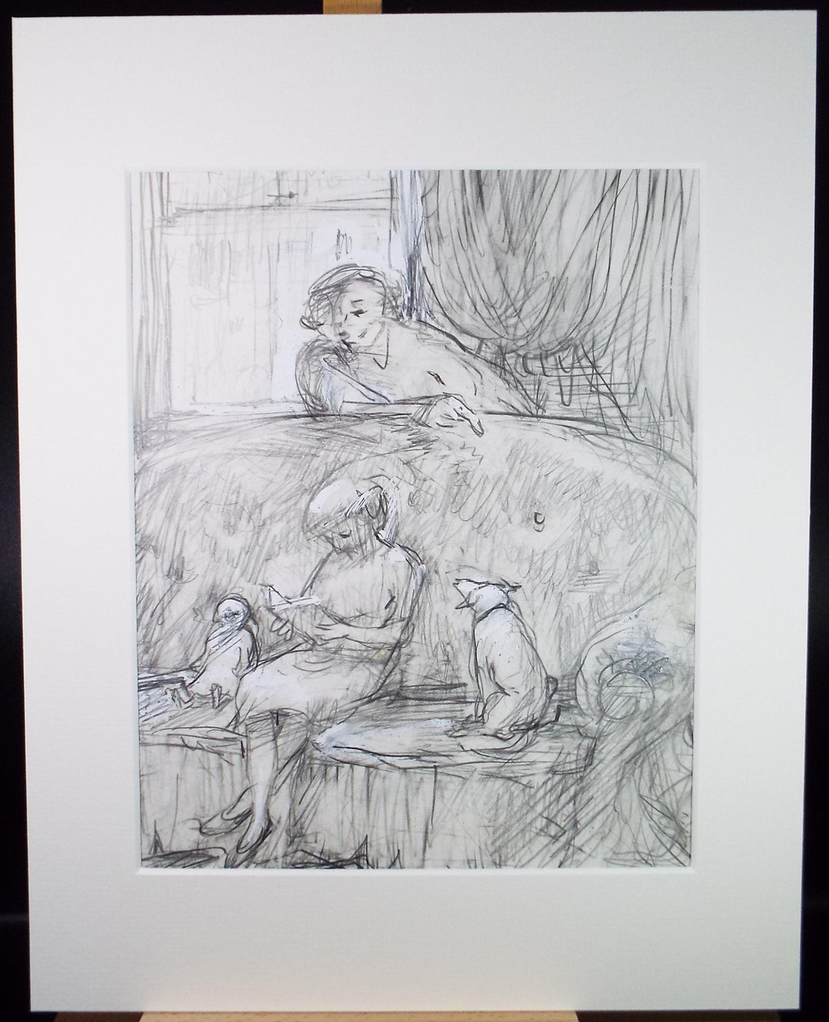 Original Pencil drawing heightened with white 'Figures in the sitting room' circa 1990's, John Gilbey Bowles (1929-2011)