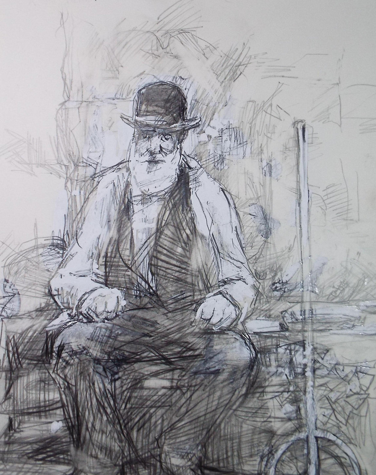 Original Pencil drawing heightened with white 'Farm worker from 1900' circa 1990's, John Gilbey Bowles (1929-2011)
