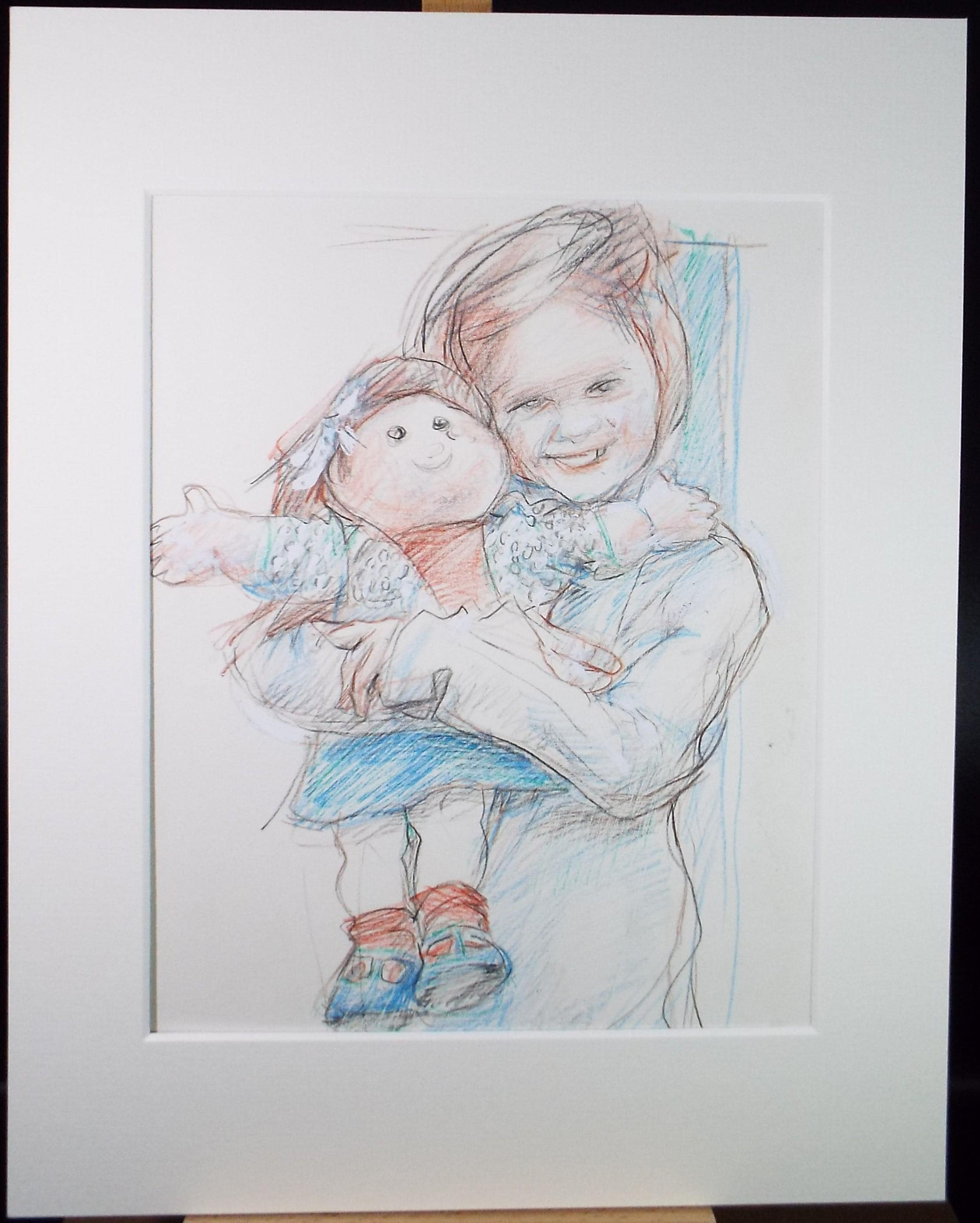 Original Pencil drawing heightened with white 'Child with Doll' circa 1990's, John Gilbey Bowles (1929-2011)