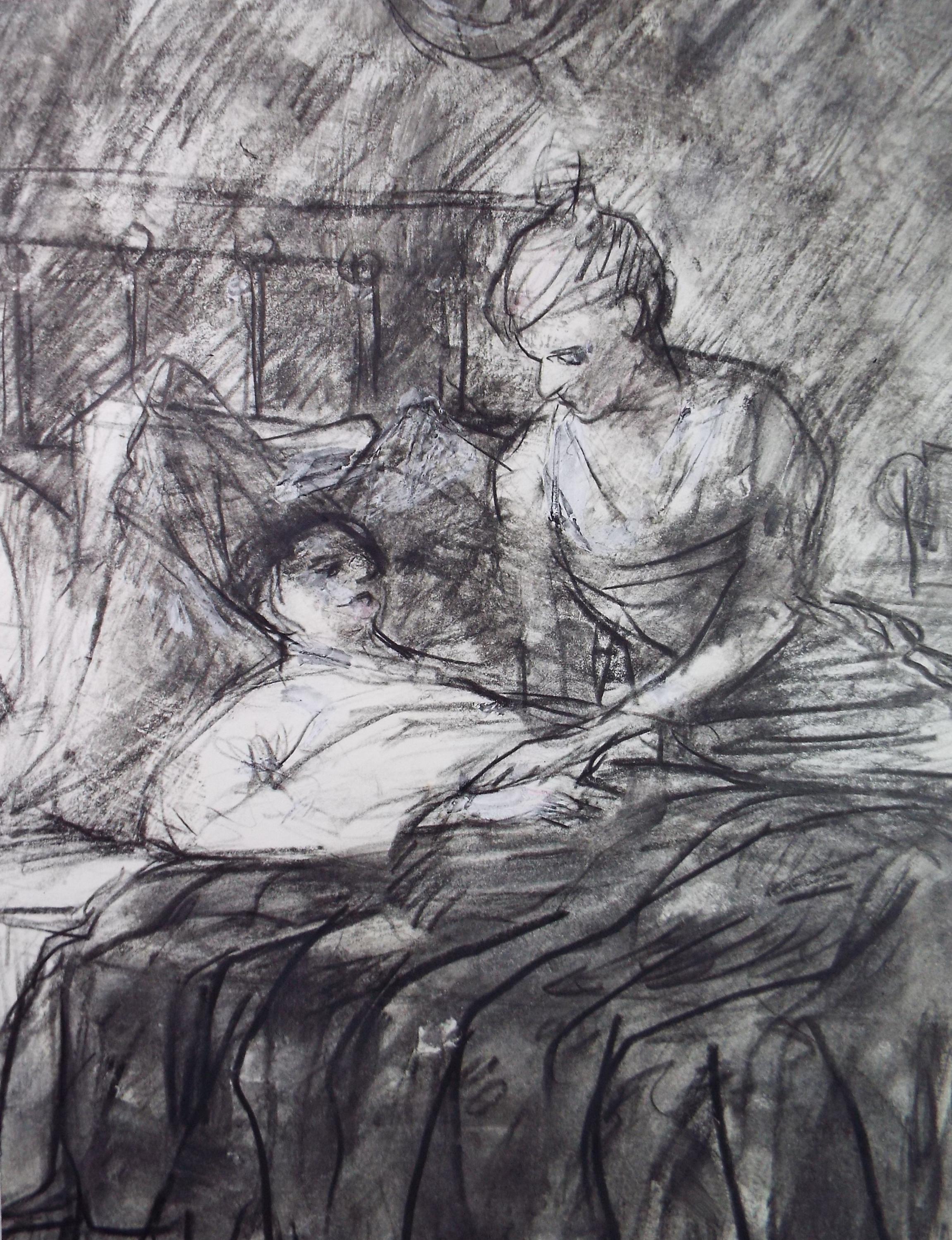 Original mixed media, 'Sick Bed', circa 1990's, John Gilbey Bowles (1929-2011)