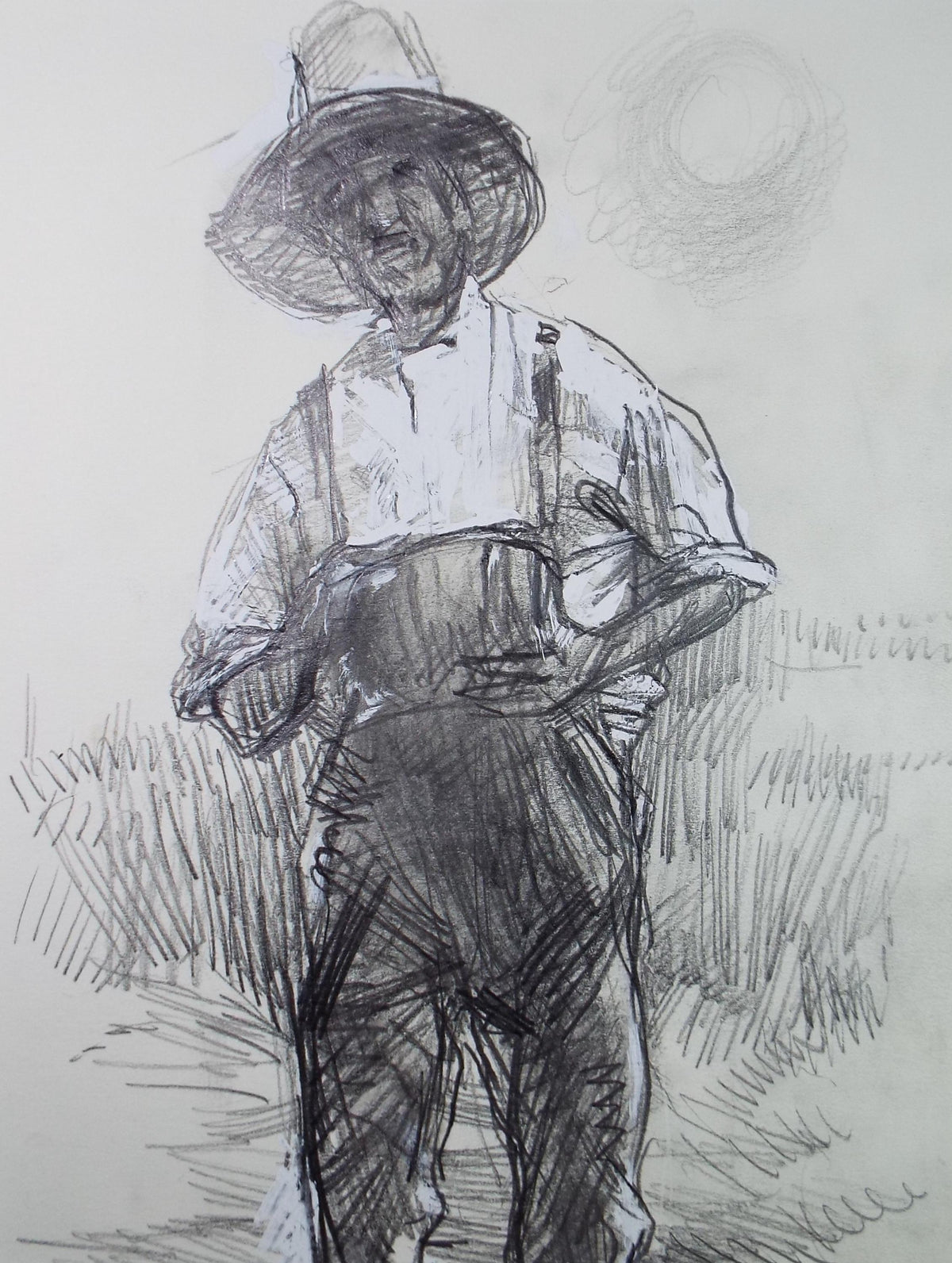 Original Pencil drawing heightened with white 'Farm Worker', circa 1990's, John Gilbey Bowles (1929-2011)