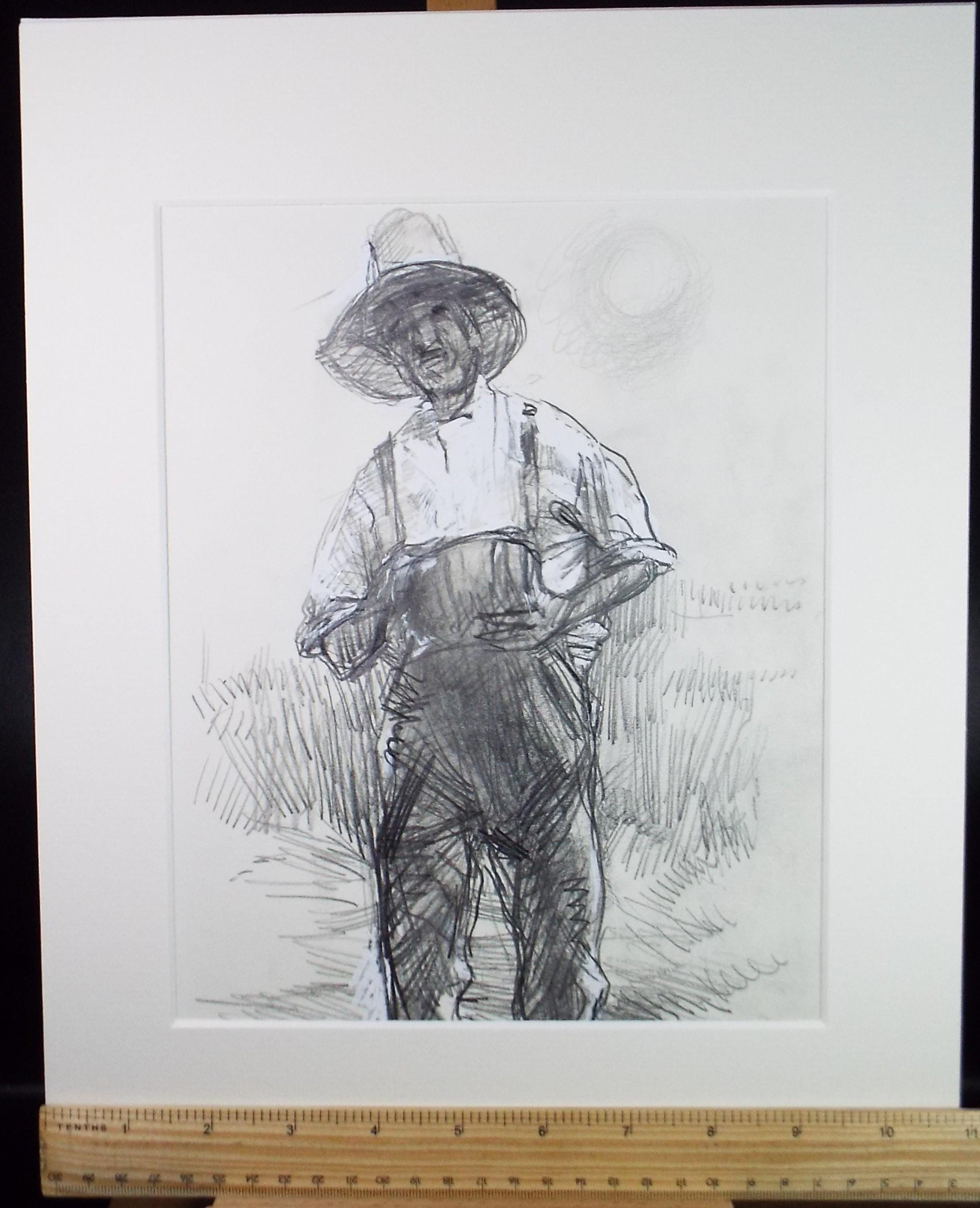Original Pencil drawing heightened with white 'Farm Worker', circa 1990's, John Gilbey Bowles (1929-2011)