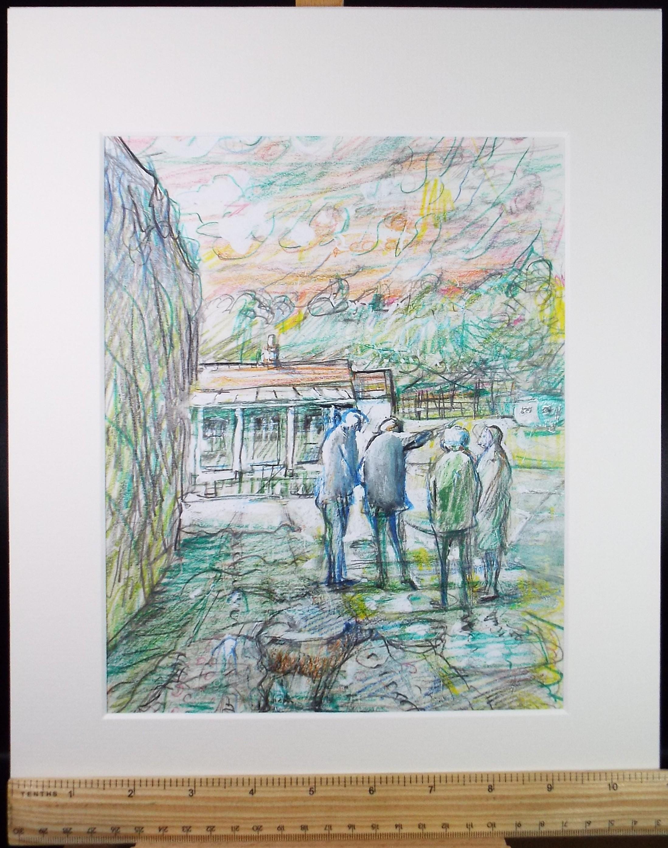 Original mixed media, 'Figures at the camp site', circa 1990's, John Gilbey Bowles (1929-2011)