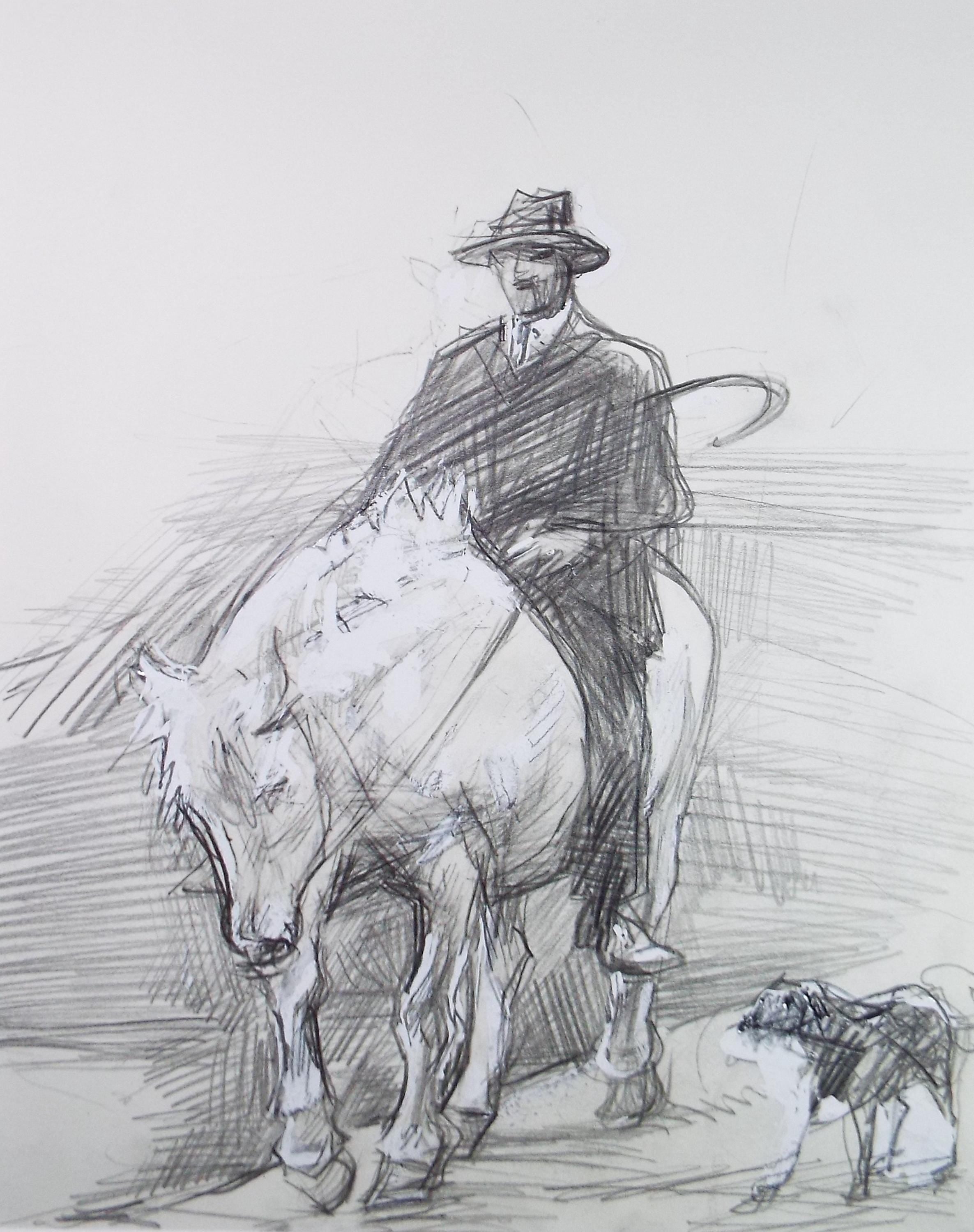 Original Pencil Drawing 'Rider with Dog', John Gilbey Bowles, 1990s (Mounted)