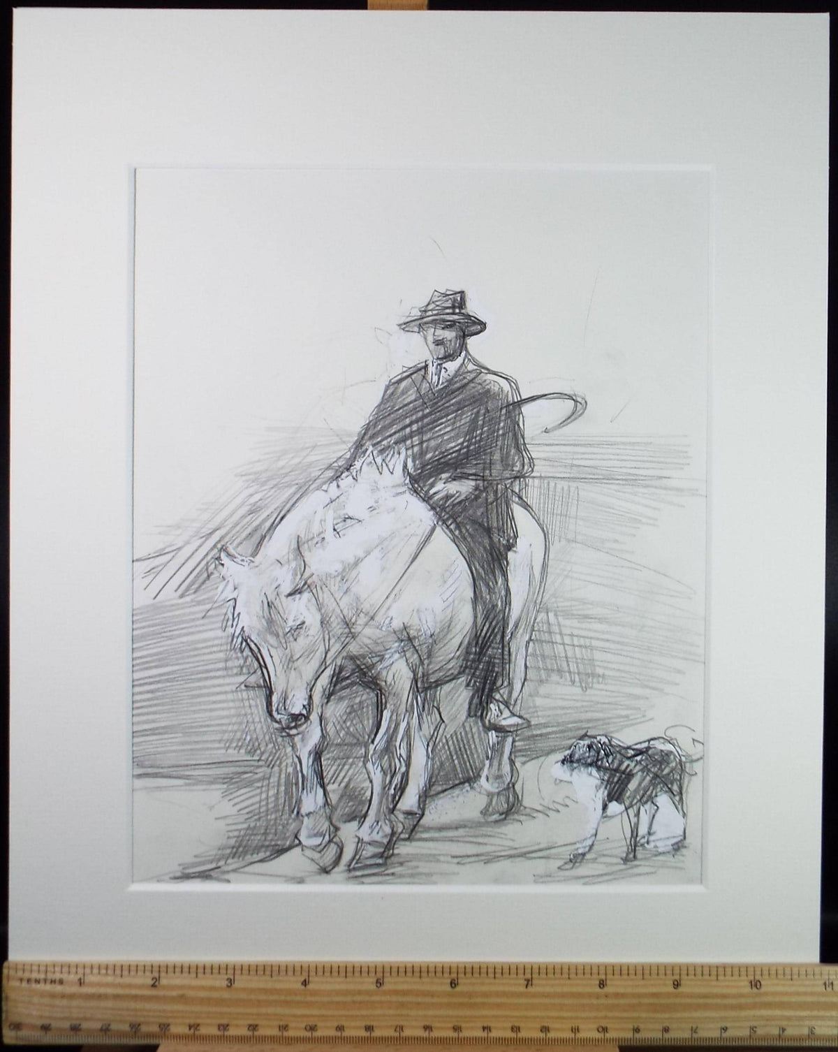 Original Pencil Drawing 'Rider with Dog', John Gilbey Bowles, 1990s (Mounted)