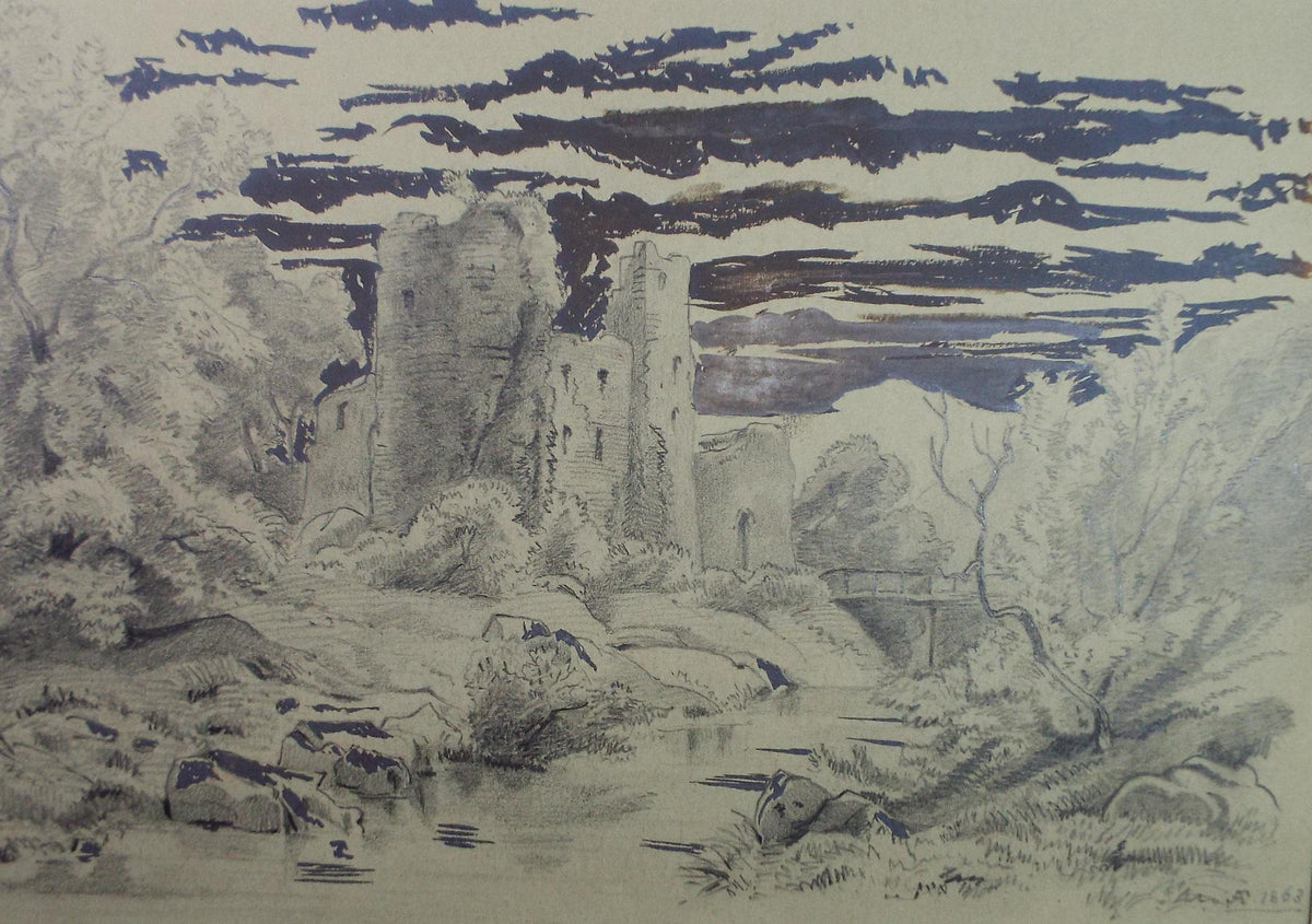 Original Pencil drawing with ink, 'Castle Ruins', Unknown Artist - Dated 1863
