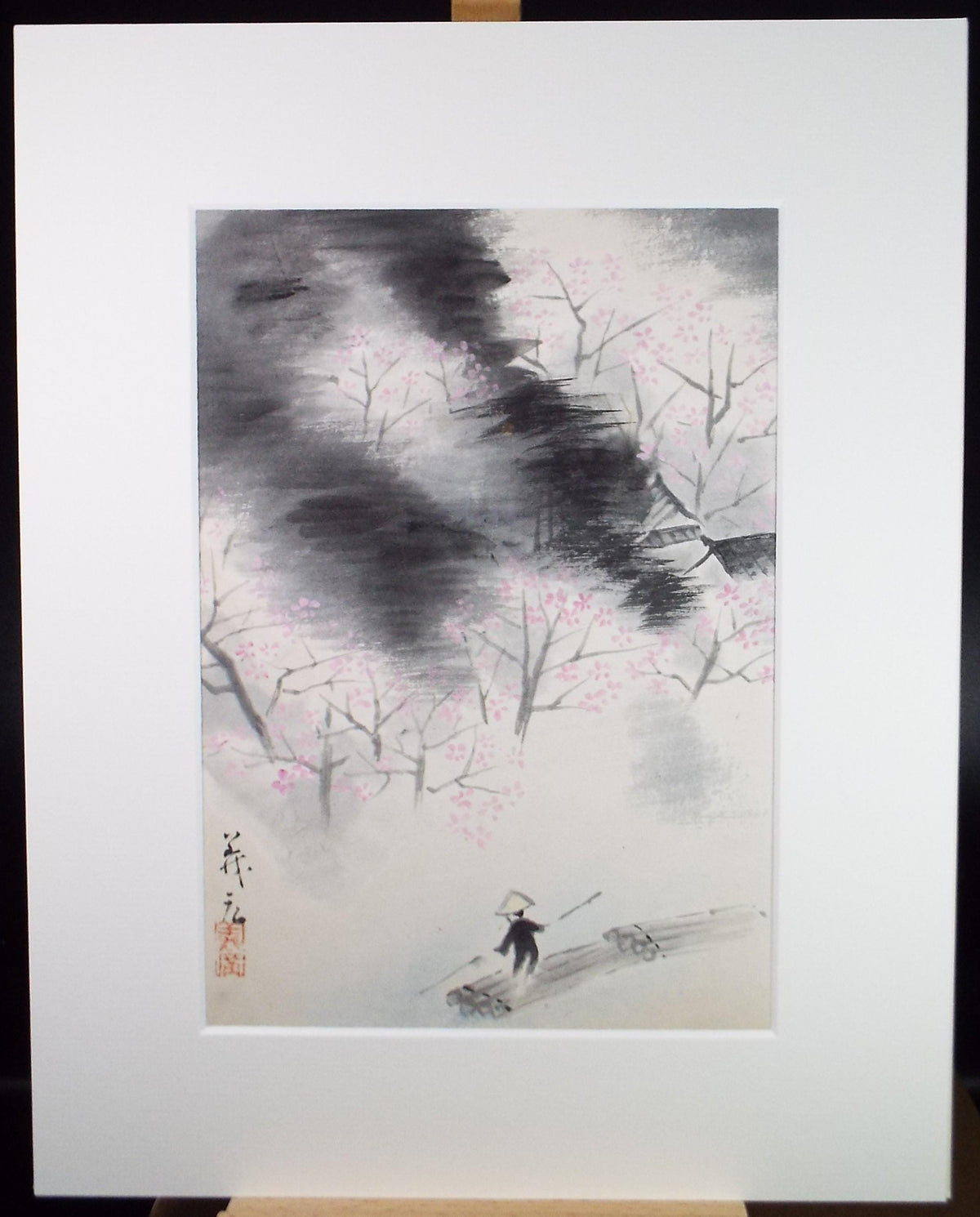 Original Watercolour, 'Cherry blossom with Figure', Unknown Artist, circa 1980's
