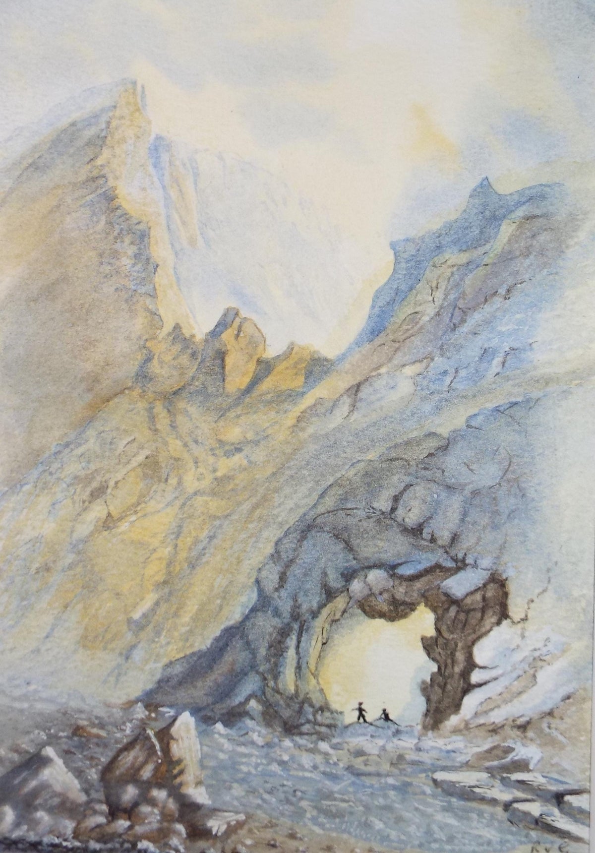 Original Watercolour, 'Figures in a Cave', c1990's Unknown artist
