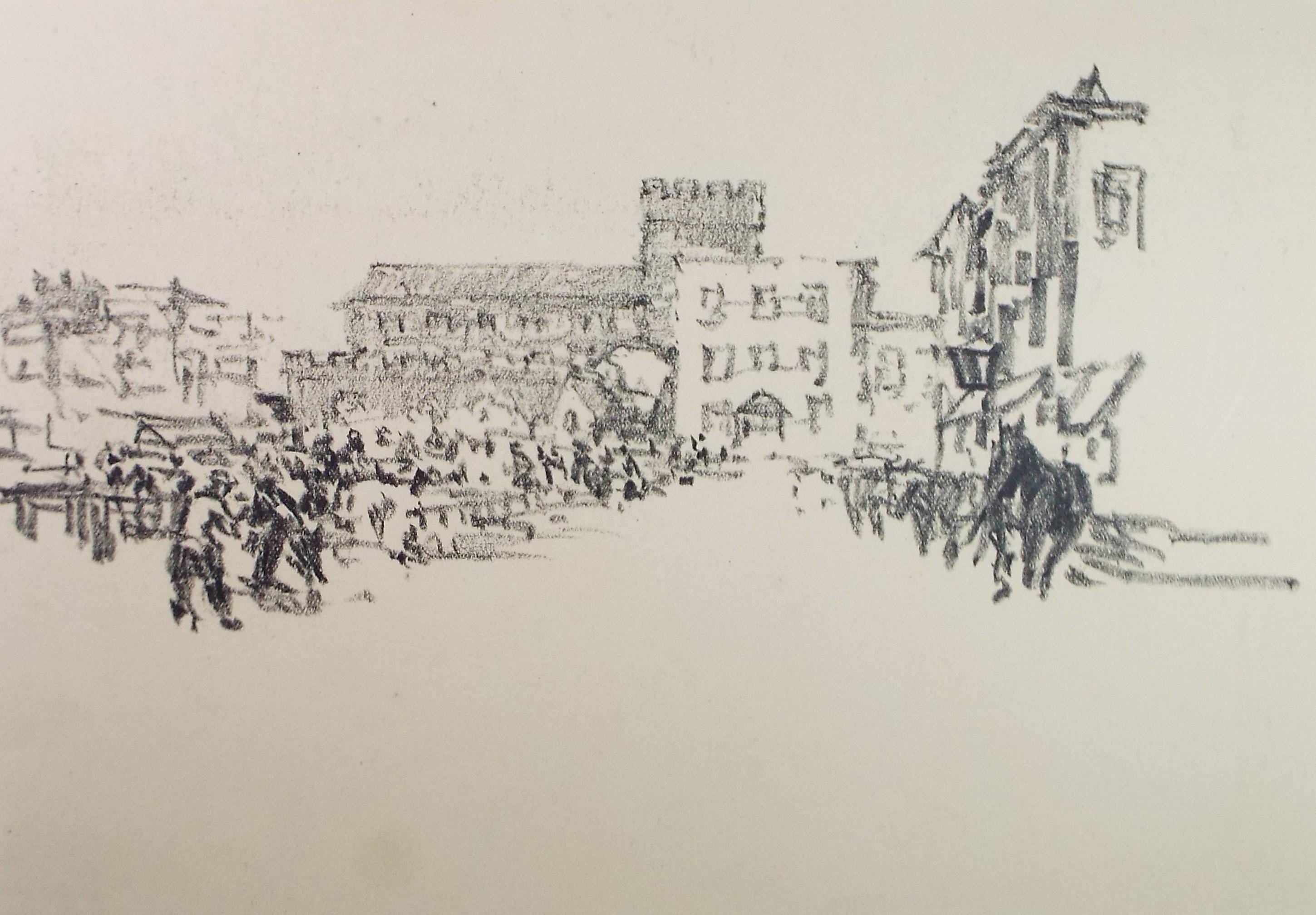 Lithograph 'Townscape with figures' circa 1920's ,Lawrence Walker (1877-1967