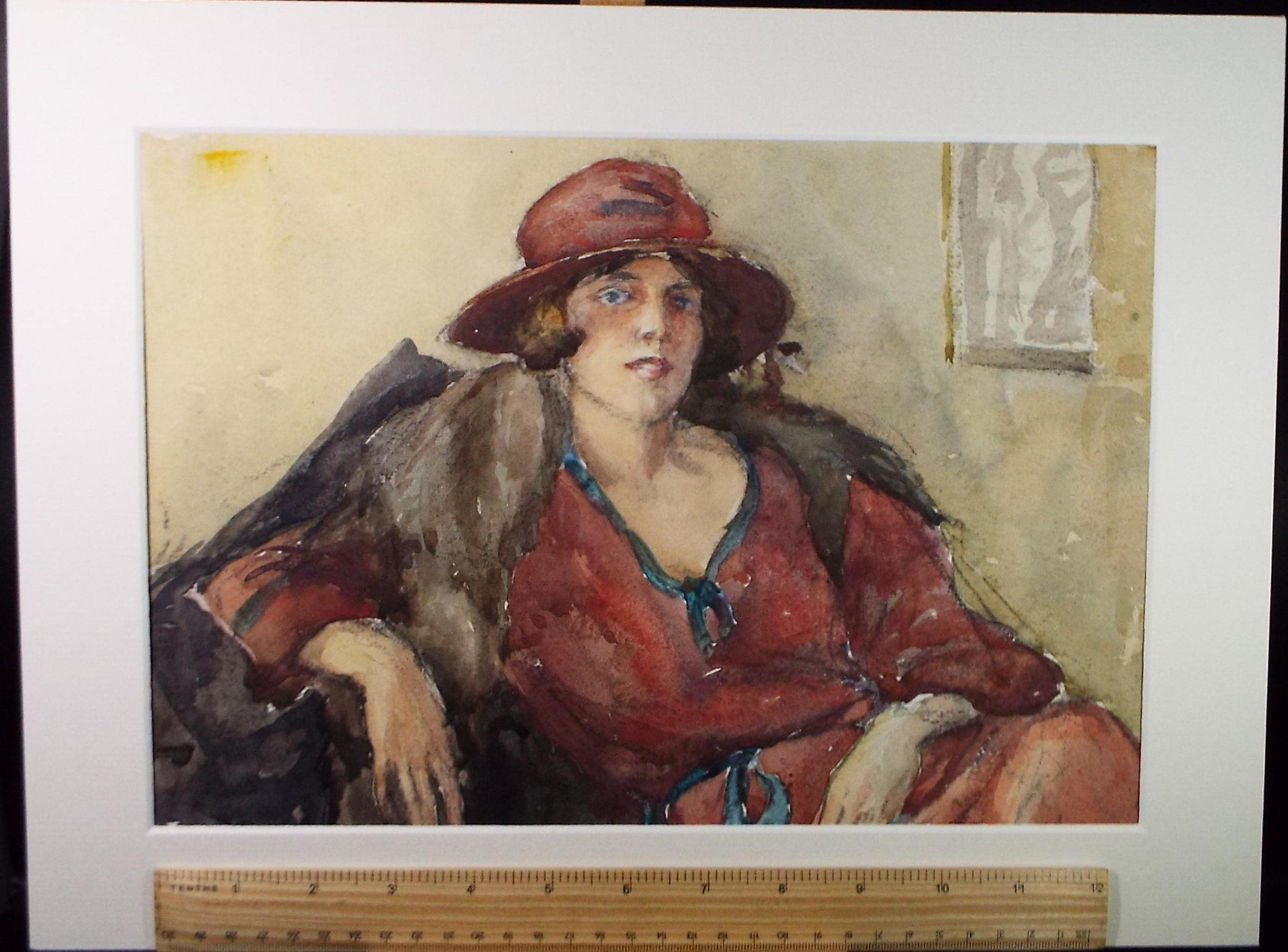 Original Watercolour and Gouache, 'Portrait of Woman in Red Hat', c1930's, Adeline Carrington (exh 1923)