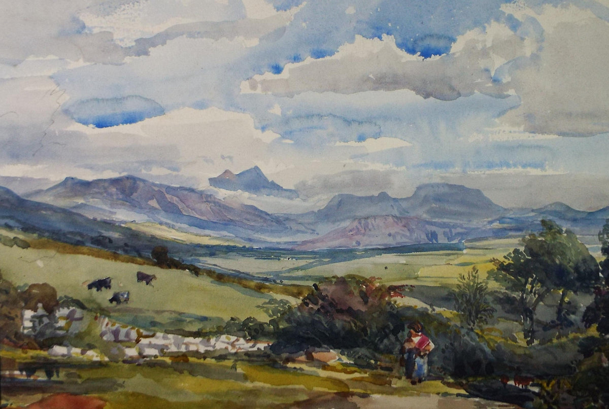 Original Watercolour , 'Landscape with figure and distant hills', Unknown artist, circa 1920