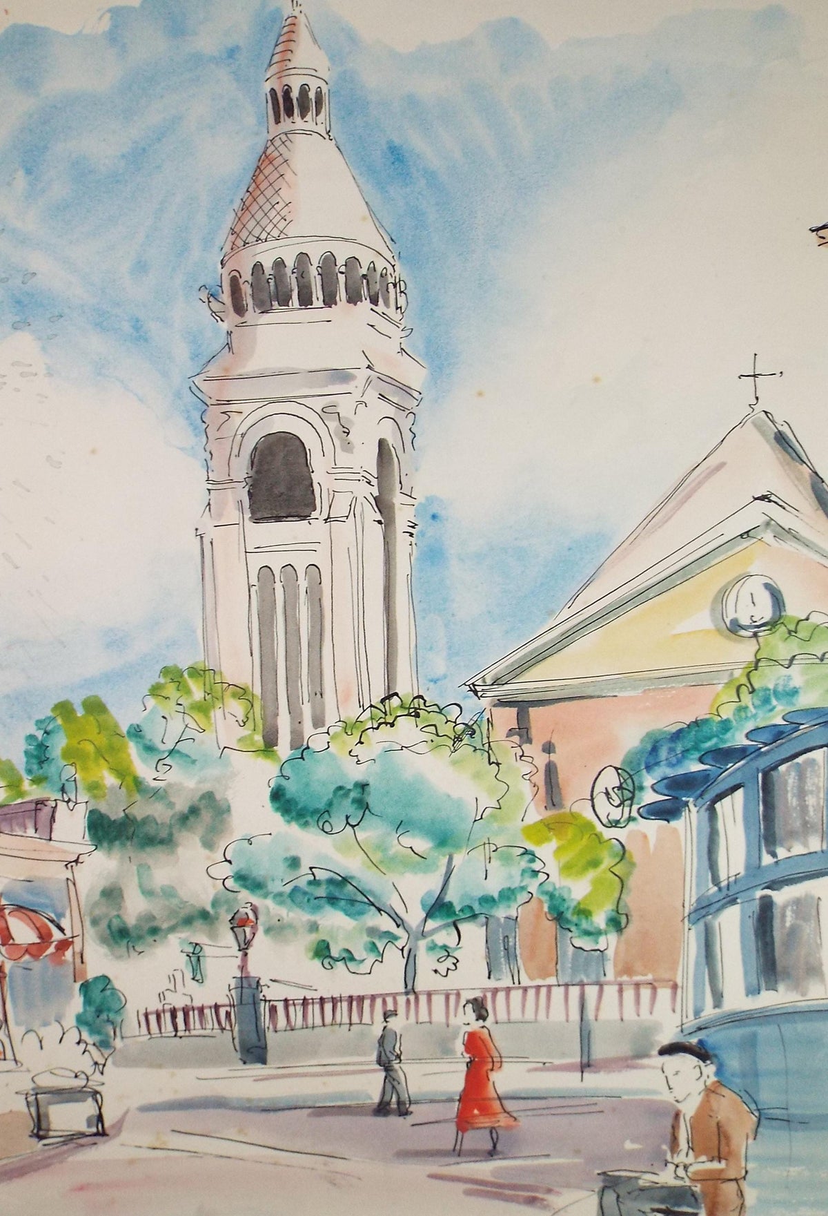 Original Watercolour , 'Figure before a Church', Indistinctly Signed, circa 1960's