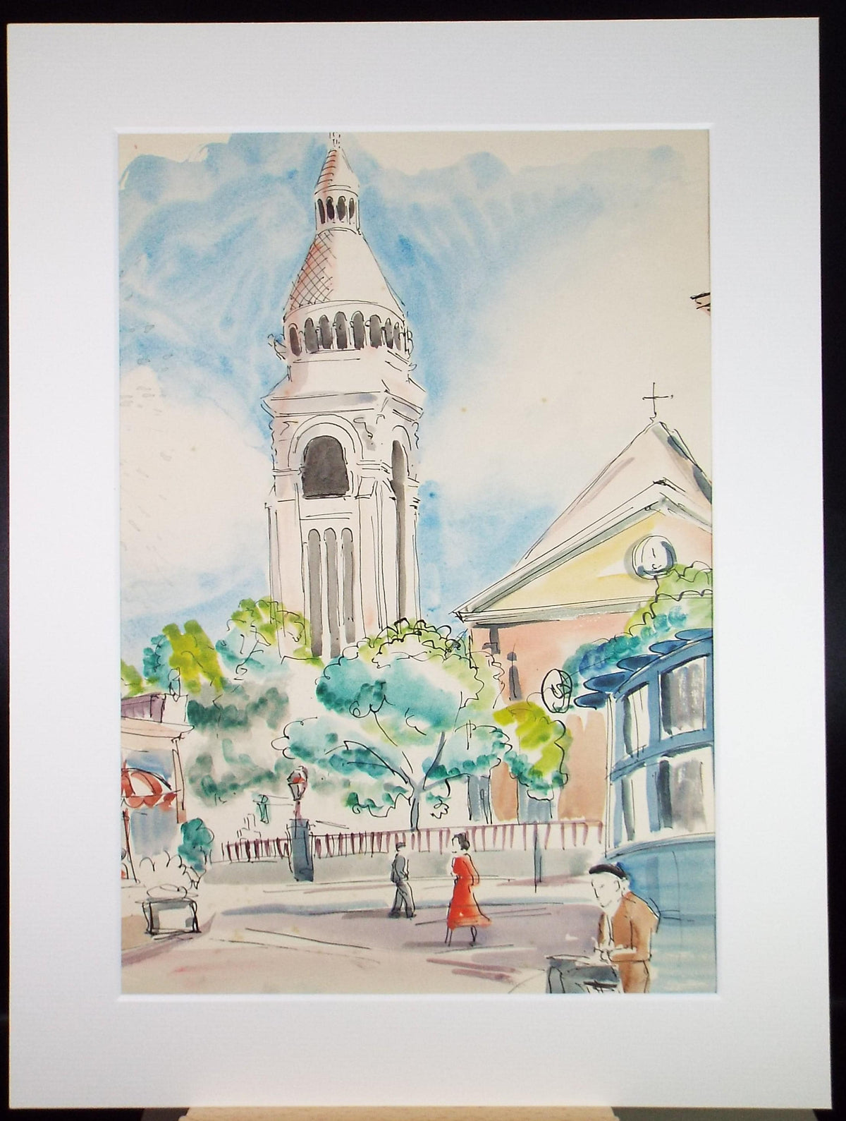 Original Watercolour , 'Figure before a Church', Indistinctly Signed, circa 1960's
