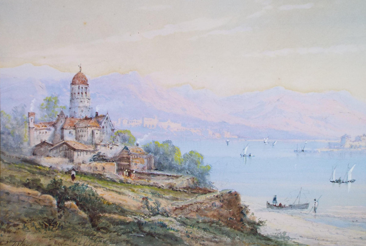Original Watercolour, 'Coastal Town with fishing boats', Mid 20th Century, Unknown Artist