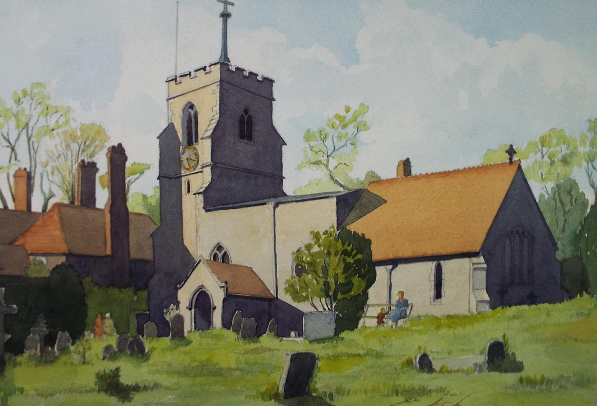 Original Watercolour, 'Church with Figures', Dated 1953 , L H Daniel