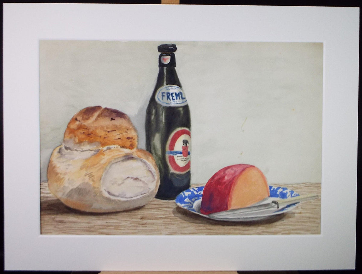 Original Watercolour, 'Still Life with Beer, Bread & Cheese' circa 1950's, Artist Unknown