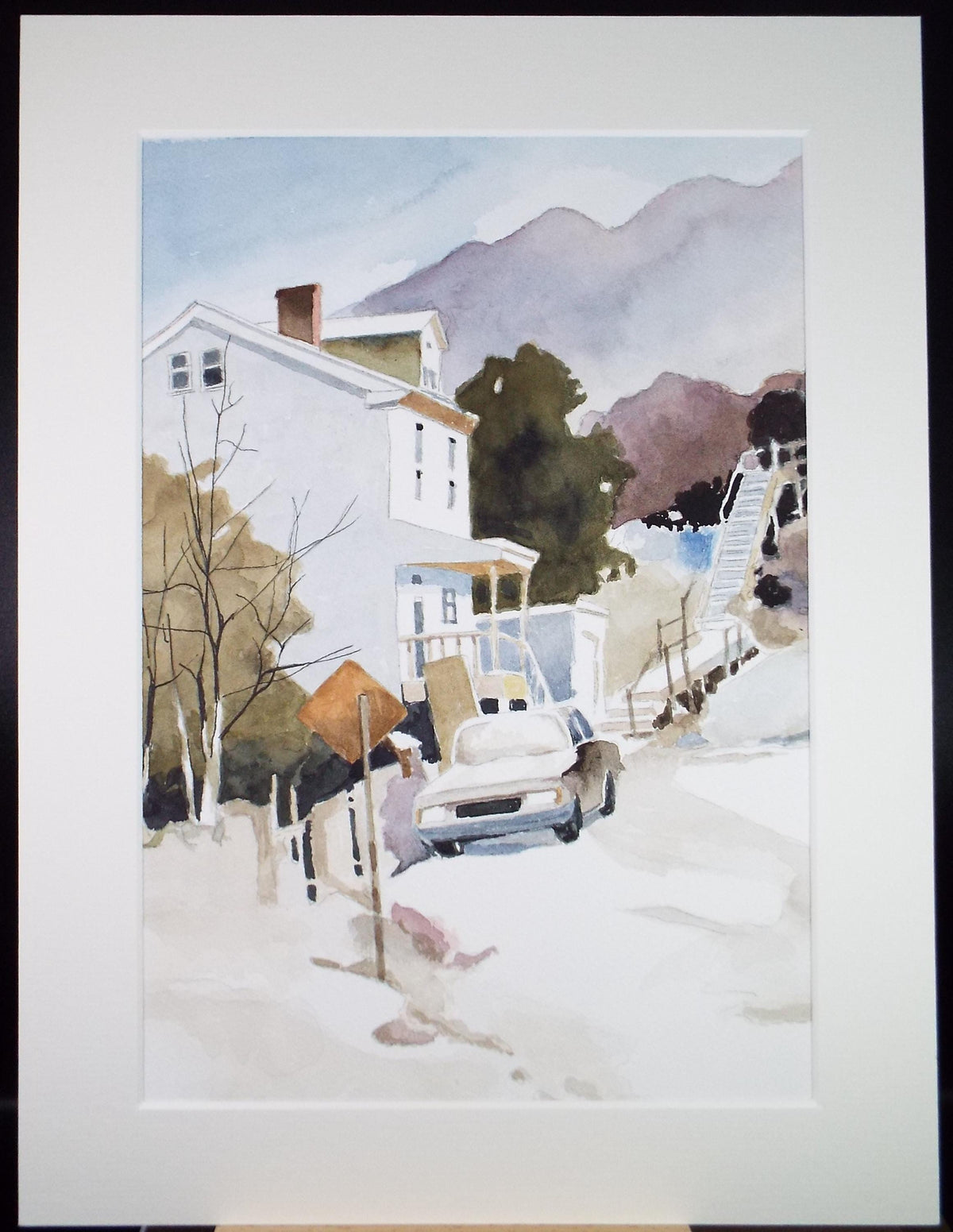 Original Watercolour drawing, 'Street Scene with car', G E Stephenson, Circa 1990's