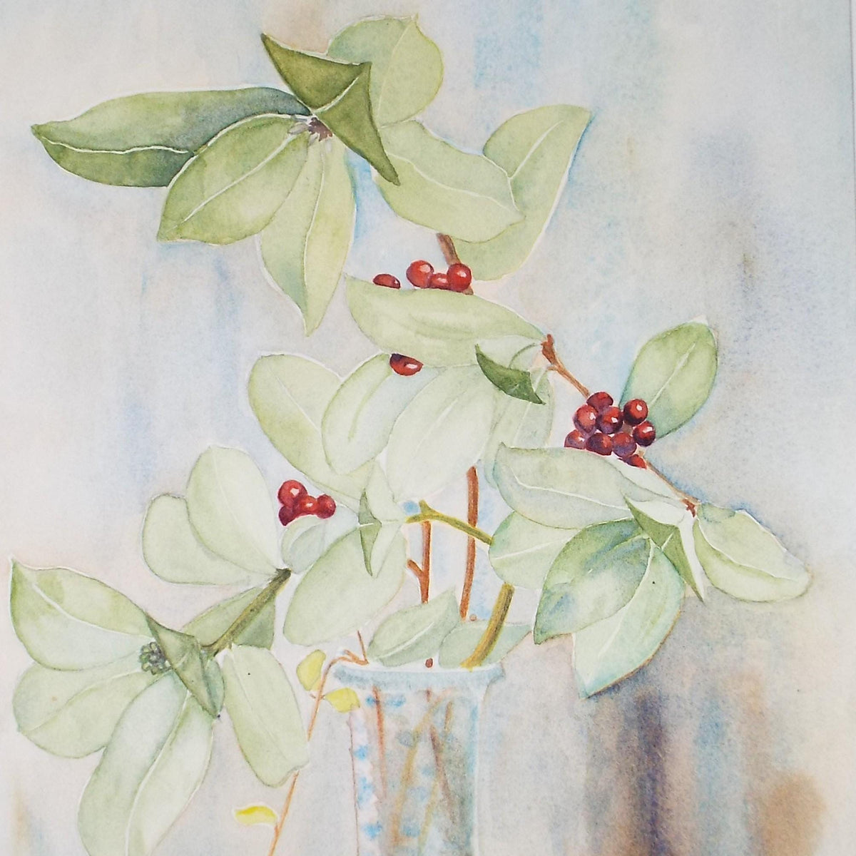 Original Watercolour, 'Still Life with red berries', Dated 1984 ,Unknown Artist