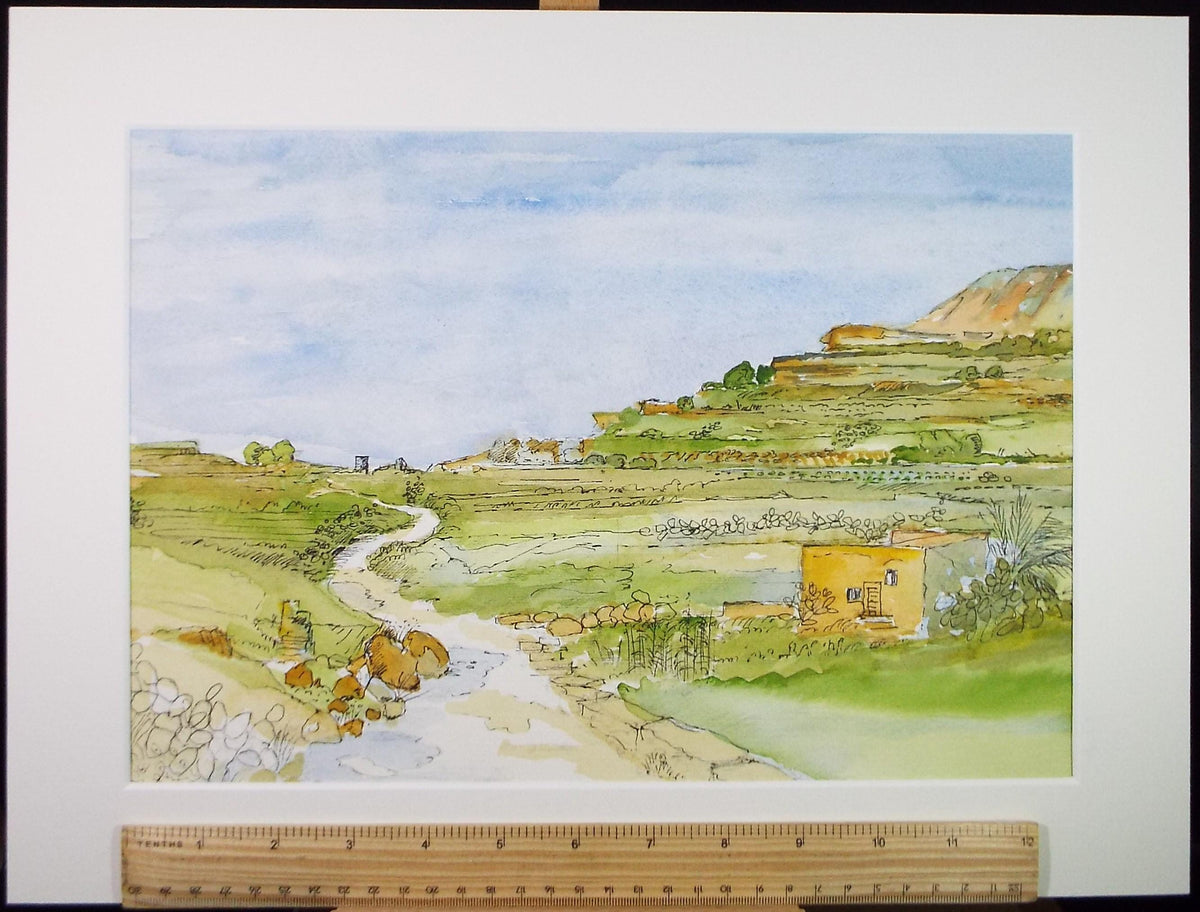 Original Watercolour on Paper, 'Terrace fields on Gozo' , Dated 2000, artist Unknown