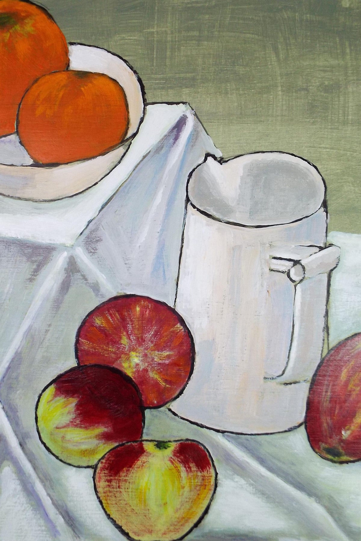Original Acrylic painting, 'Still Life of Jug and apples' circa 1980's, Artist Unknown