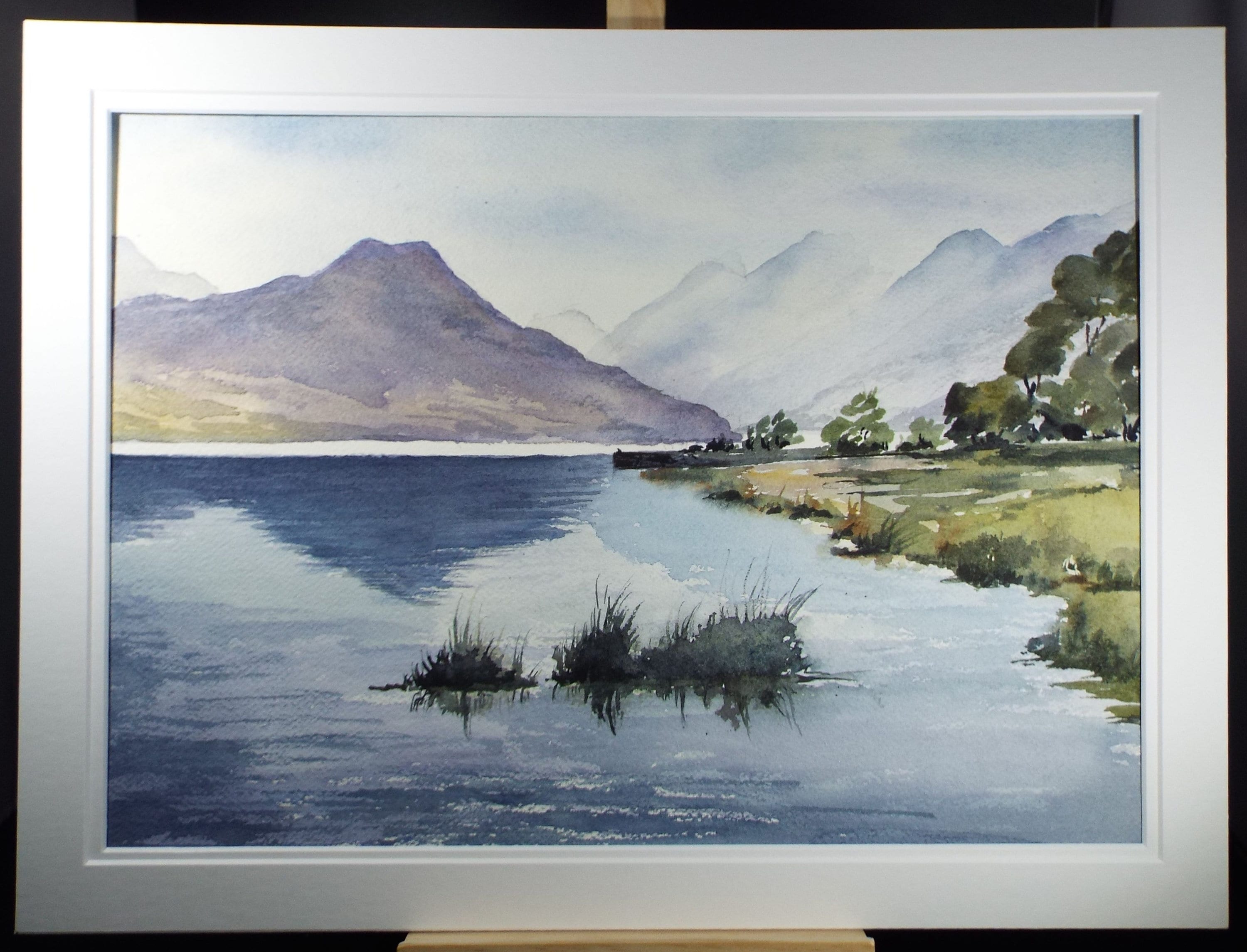 Elma Key (20-21st Century), British , 'Lake Scene with Mountains'- Original Watercolour on Paper, Double Mounted ready for framing