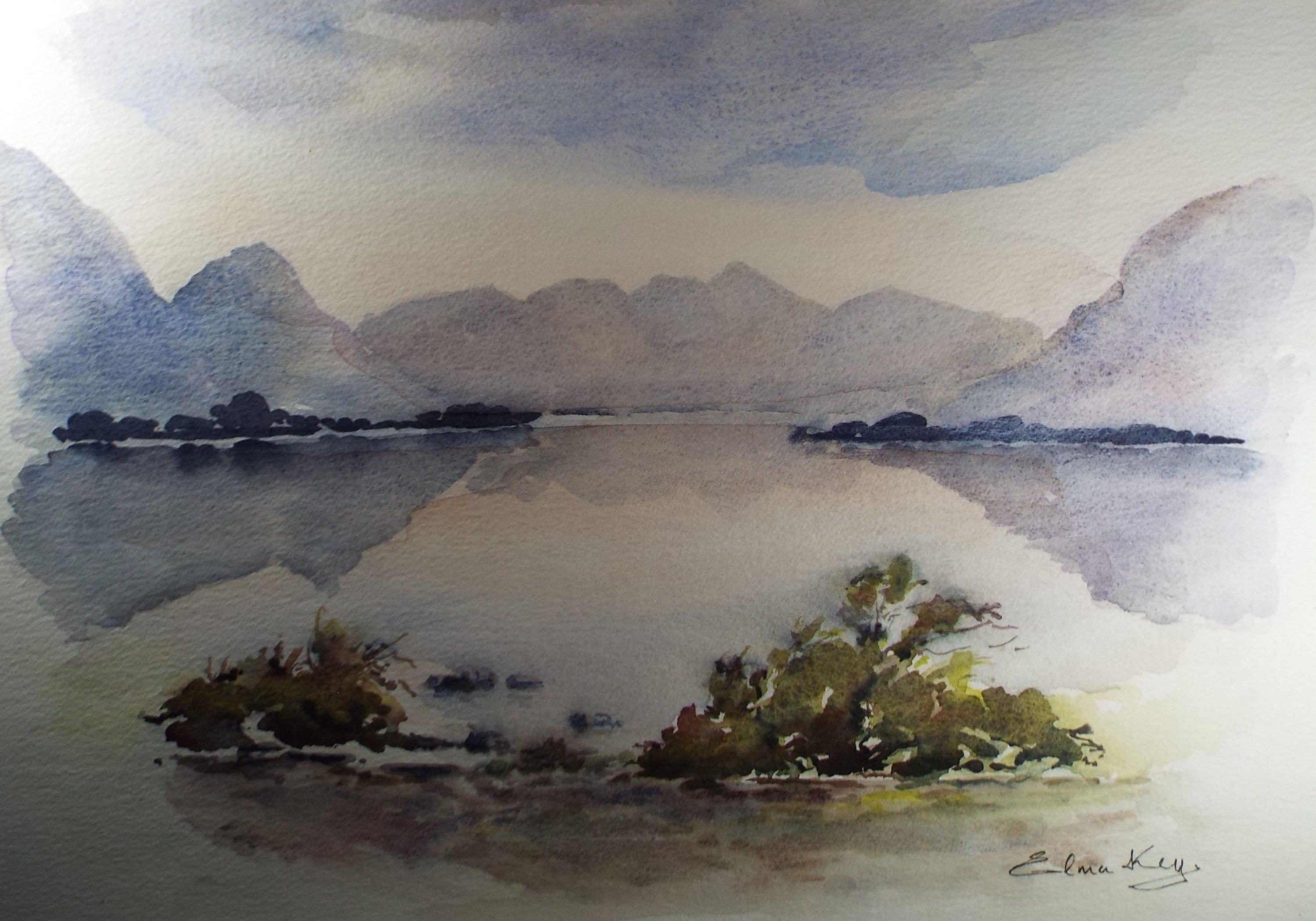 Elma Key (20-21st Century), British , 'Lake District - Misty Lake'- Original Watercolour on Paper, Double Mounted ready for framing