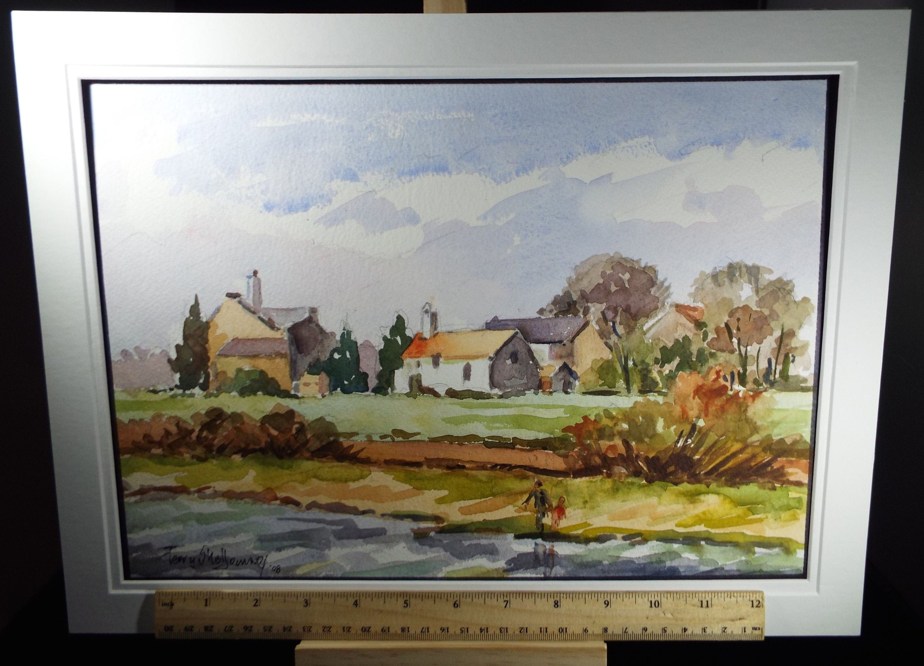 Terry Shelbourne (1930-2020), British, 'Fields with Farm Buildings ' - Original Watercolour on Paper, Double Mounted ready for framing