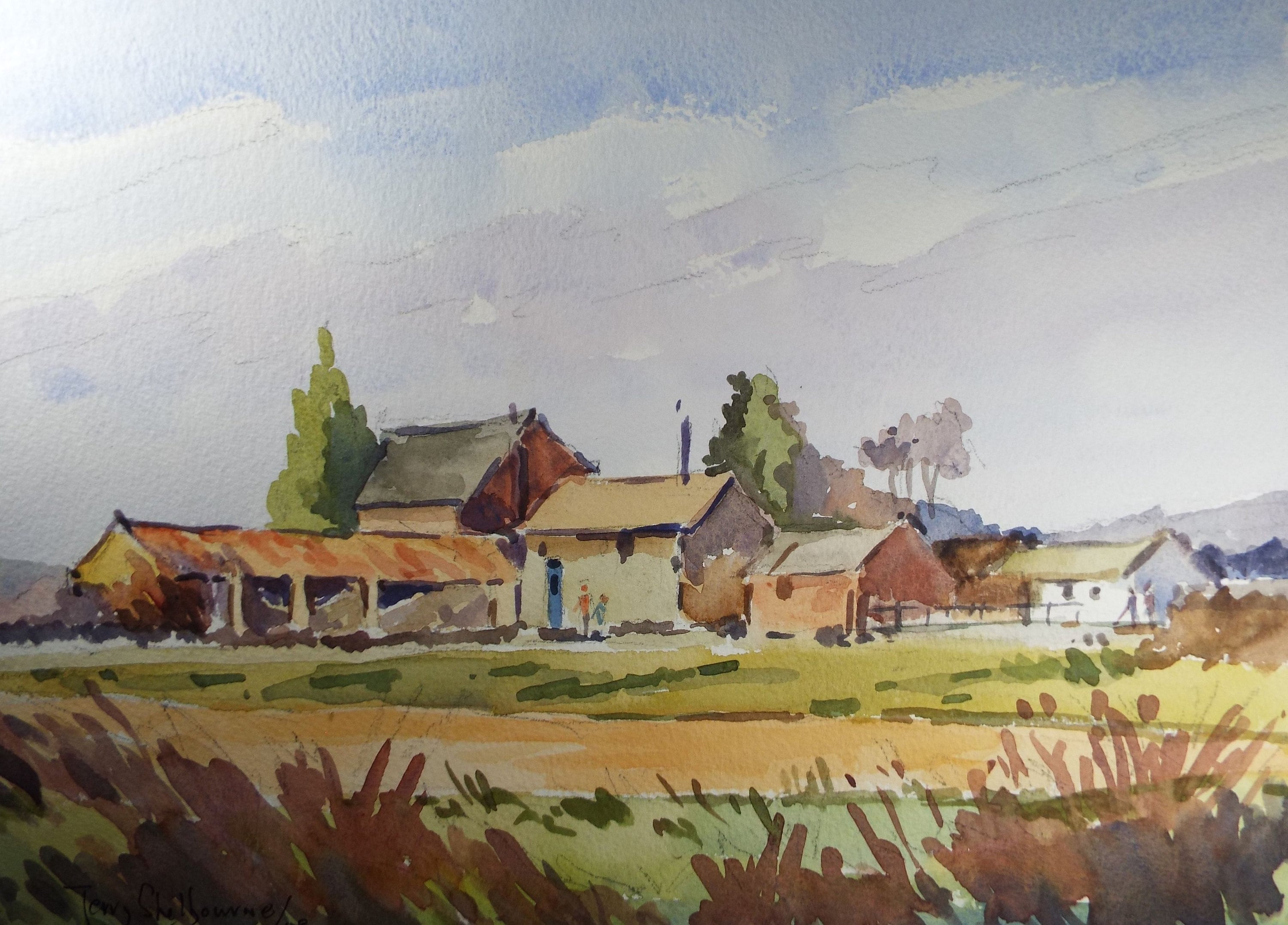 Terry Shelbourne (1930-2020), British, 'Fields with Farm Buildings ' - Original Watercolour on Paper, Double Mounted ready for framing