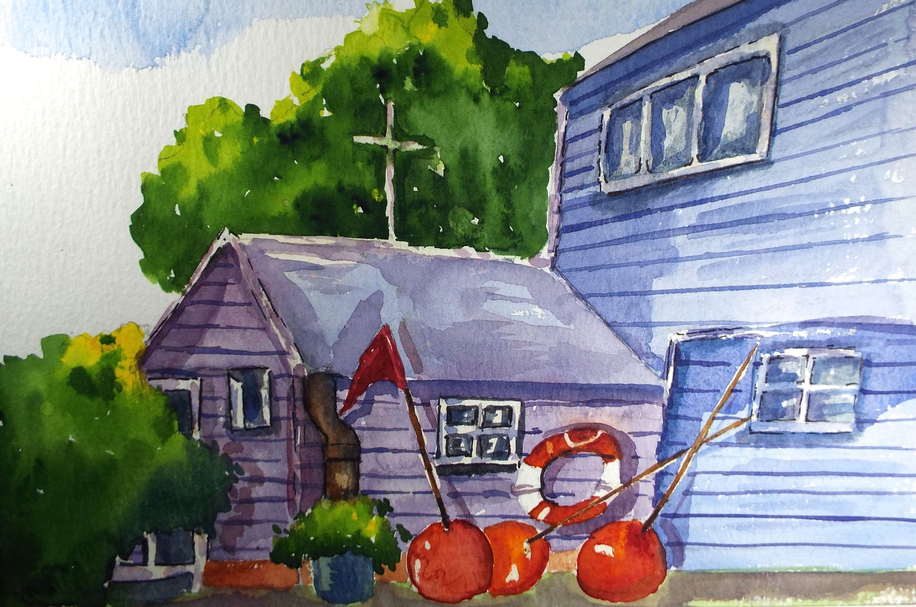 Ray Burns (20th Century), British, 'Red Buoys' - Original Watercolour on Paper, Double Mounted ready for framing