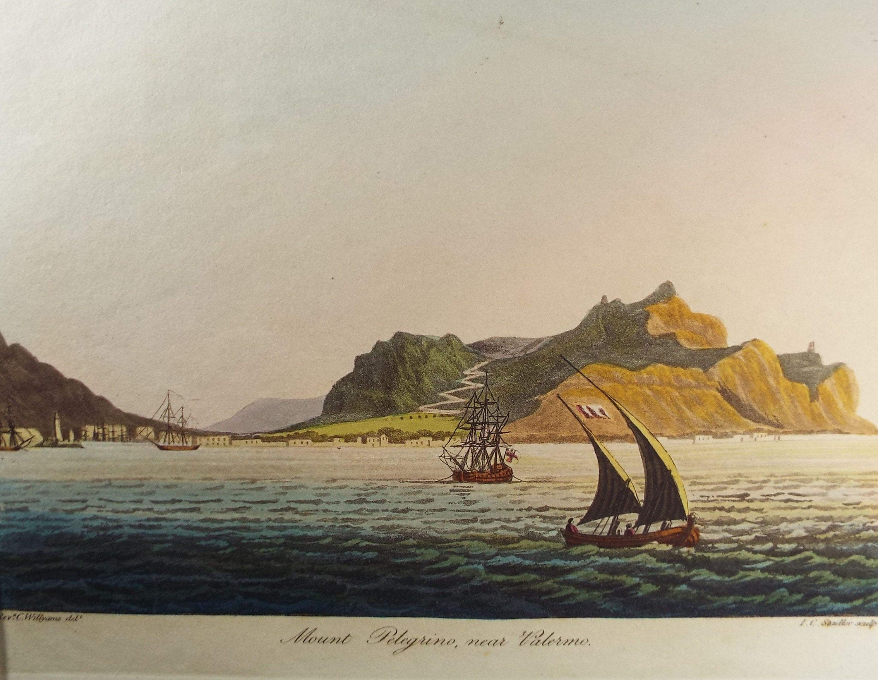 Original Aquatint, Rev. Cooper Williams & J. C. Stadler, 1798 - 'Mount Pelegrino, Near Valermo' from 'A Voyage up the Mediterranean'