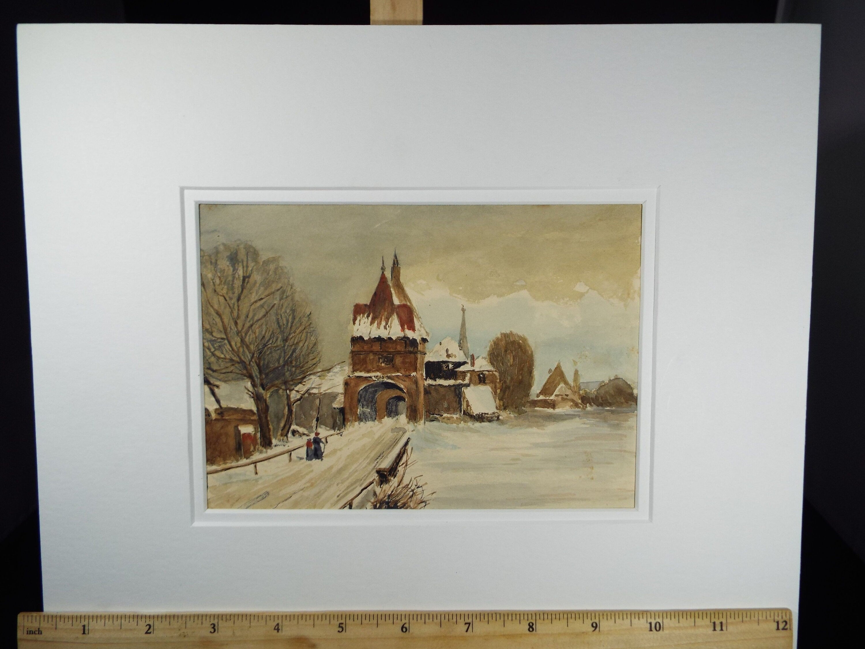 Original Watercolour, 'Medieval Town Gate in the Snow' c1900-1920, Unknown Artist